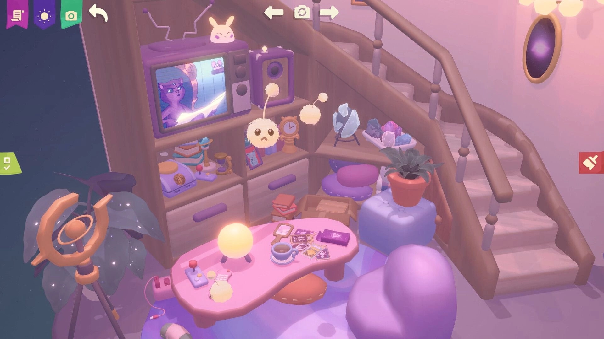 Design and Conjure: Cozy room setup with magical TV, books, crystals, and floating creatures under stairs