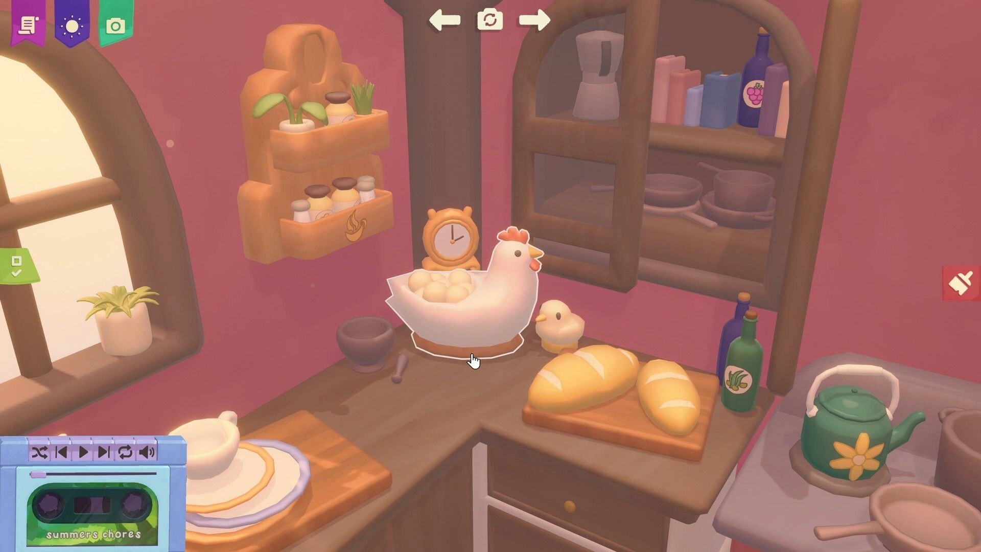 Design and Conjure: Cozy kitchen with bread, teapot, and chicken decor; task menu visible in corner