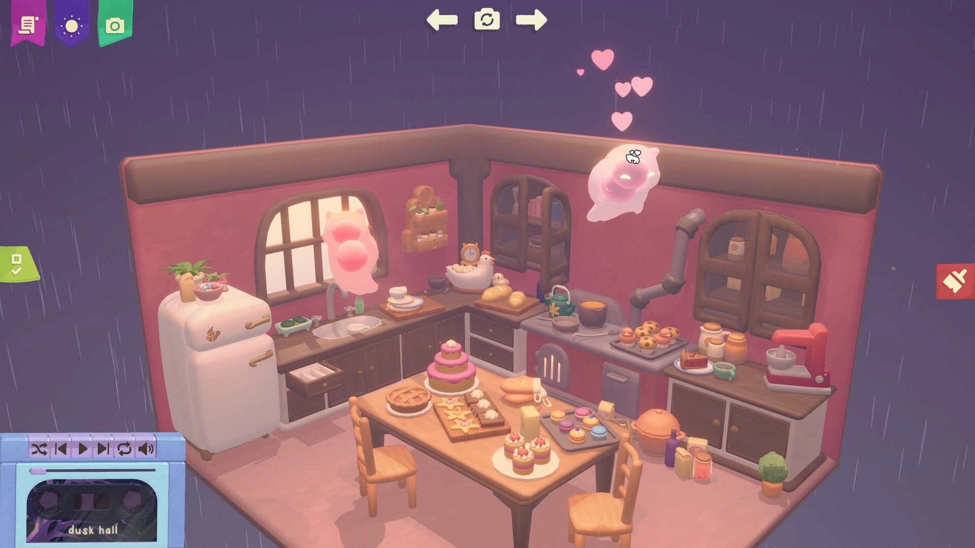Design and Conjure: Cozy kitchen with floating pink creatures, pastries on table, and cooking utensils