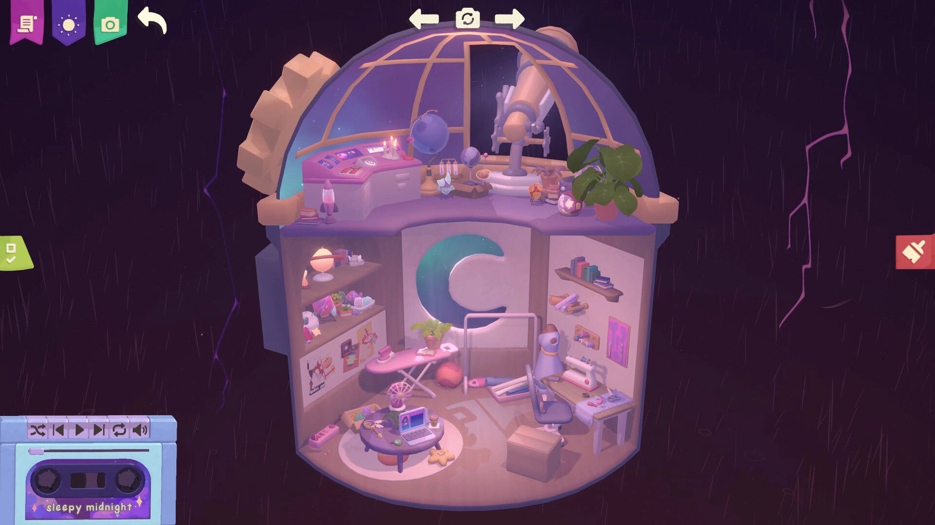 Design and Conjure: Dalia's observatory with telescope, crafting table, and cozy decorations