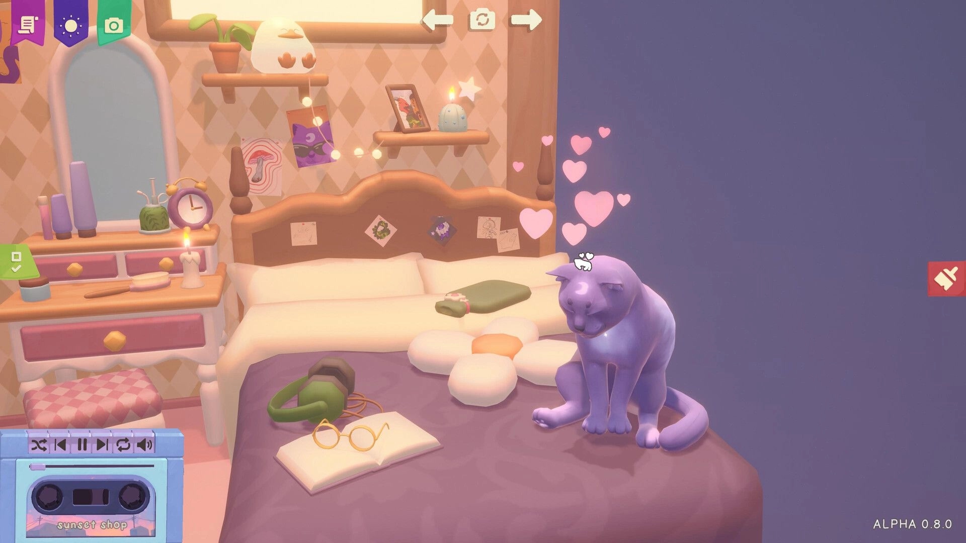 Design and Conjure: Cozy bedroom with a purple cat, heart icons, and a dresser with witchy decor.