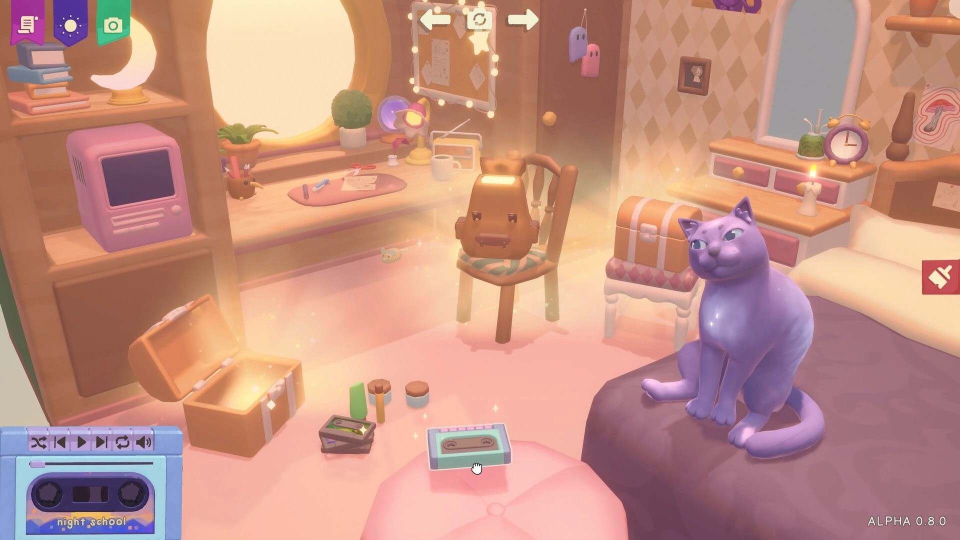 Design and Conjure: Cozy bedroom with magical items, a purple cat, and an interactive cassette tape.