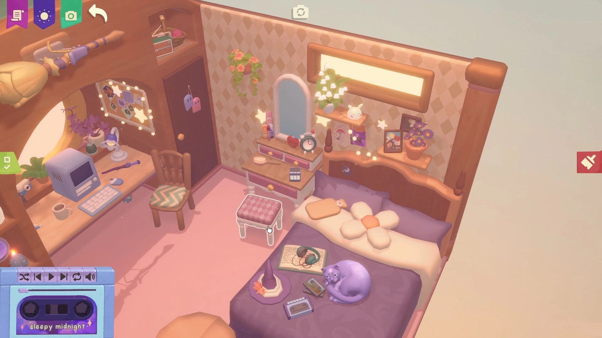 Design and Conjure: Dalia's cozy bedroom with decor, vintage computer, and a sleeping magical creature.
