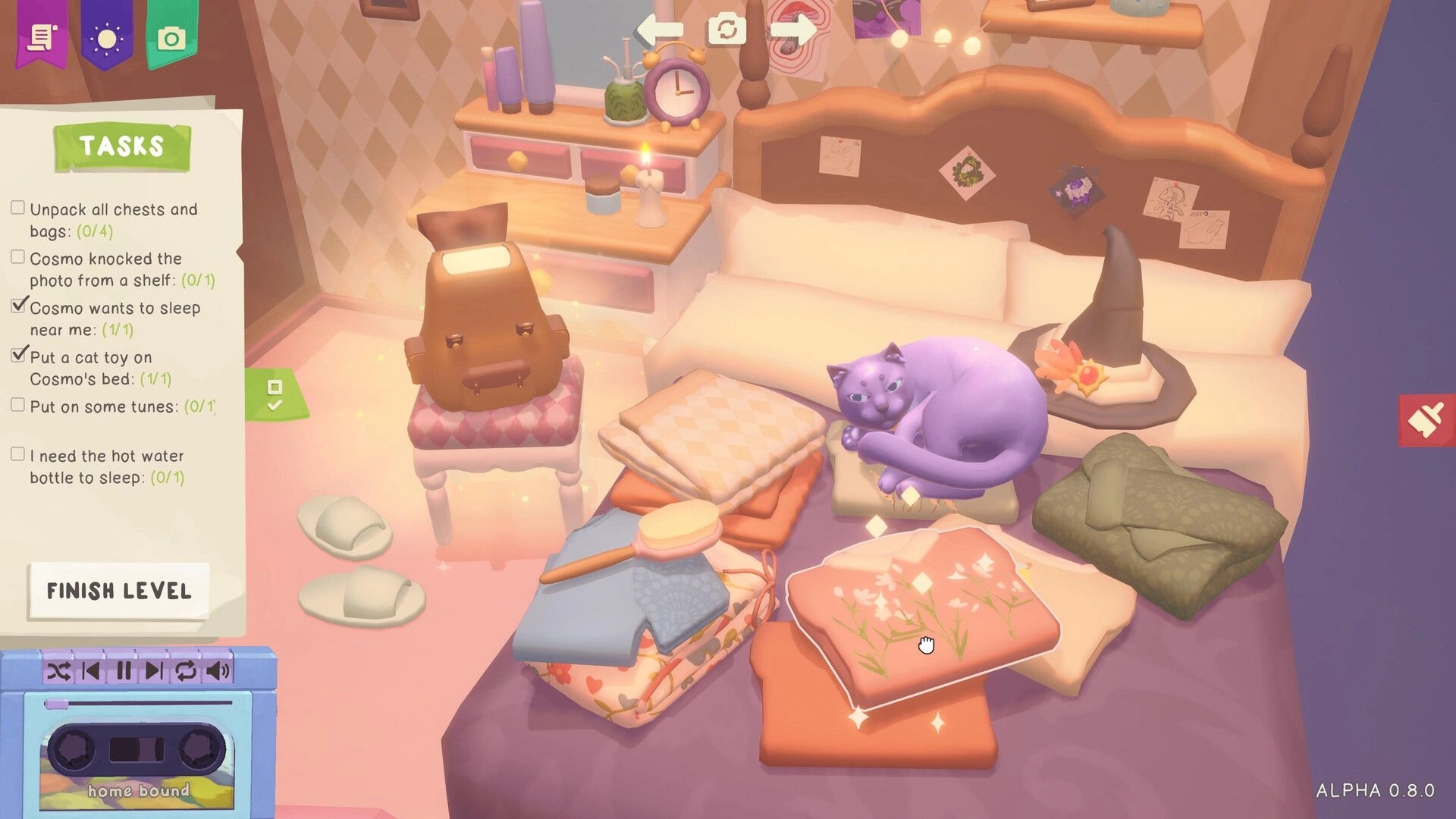 Design and Conjure: Task list and cozy bedroom scene with Cosmo the cat resting on a bed of pillows