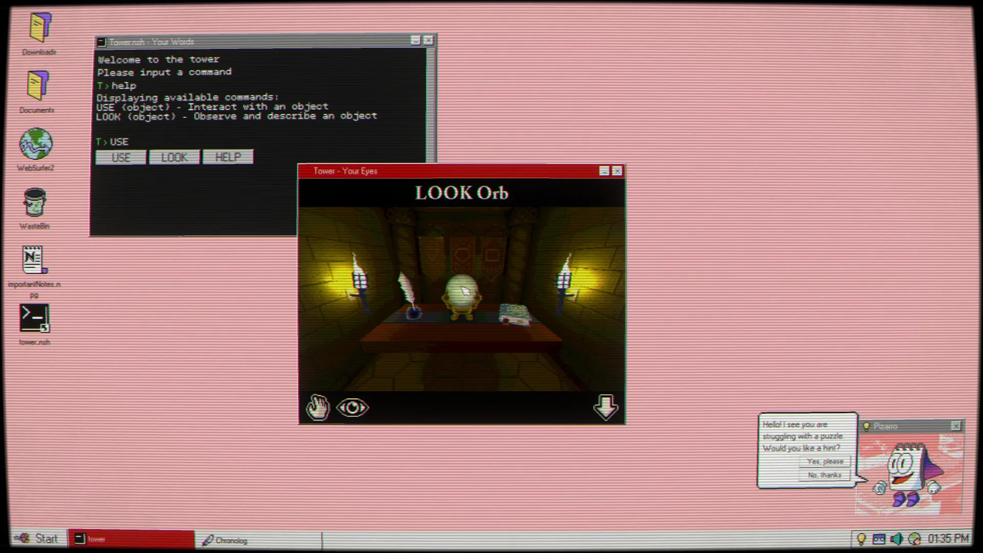 Desktop Explorer: Command prompt and mini-game view on retro desktop with hint dialogue pop-up