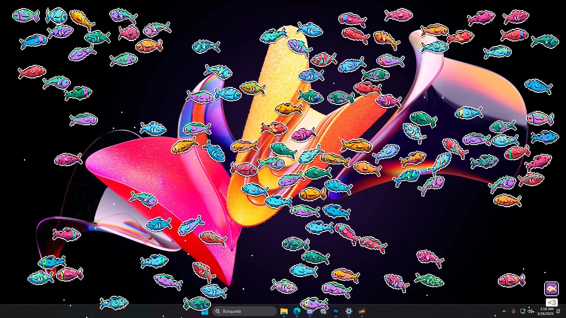 Desktop Fishes: Colorful pixel-art fish swim across a vibrant desktop background with UI icons visible.