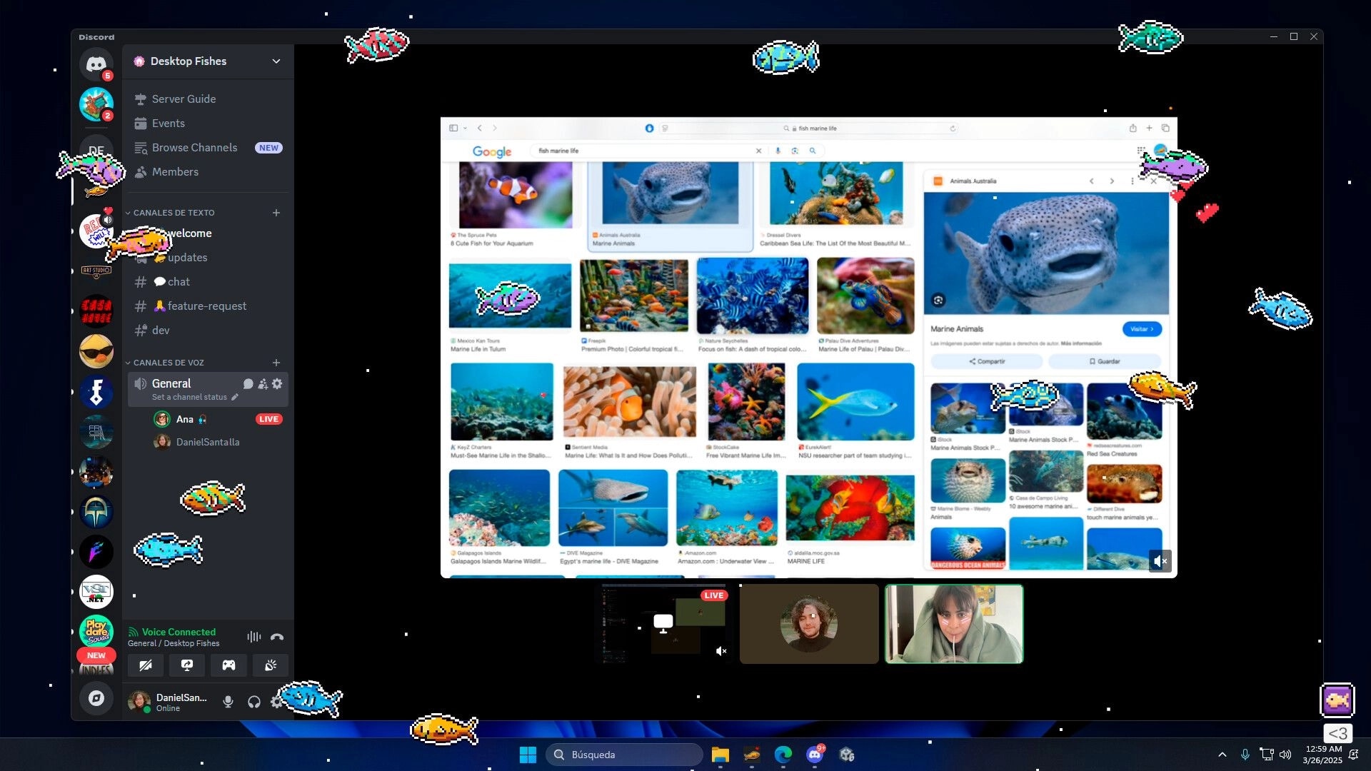 Desktop Fishes: Pixel-art fish swim around Discord interface with active voice chat in cozy aquarium overlay.