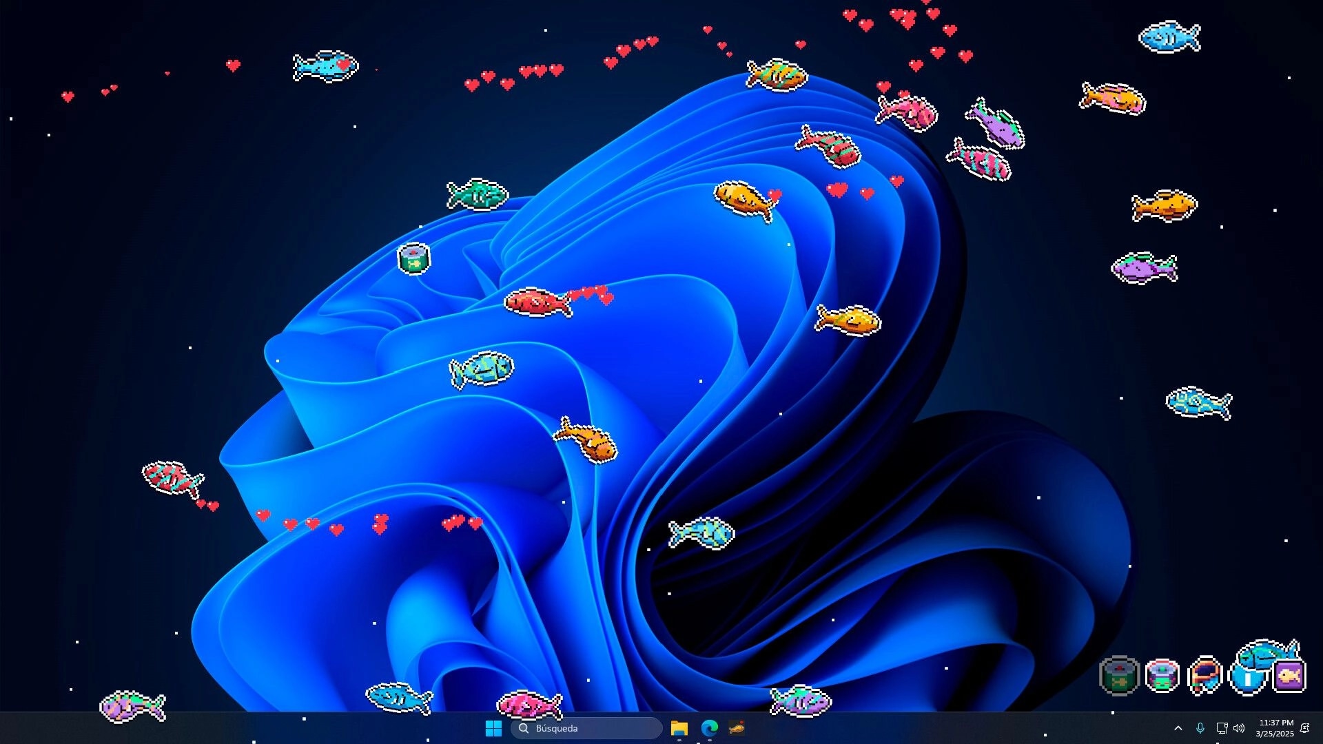 Desktop Fishes: Pixel-art fish swimming with heart icons on a desktop overlay background