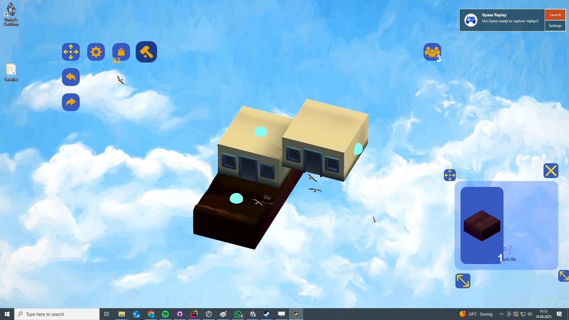 Desktop Town: Two small buildings on floating land with UI icons over a cloudy blue sky background