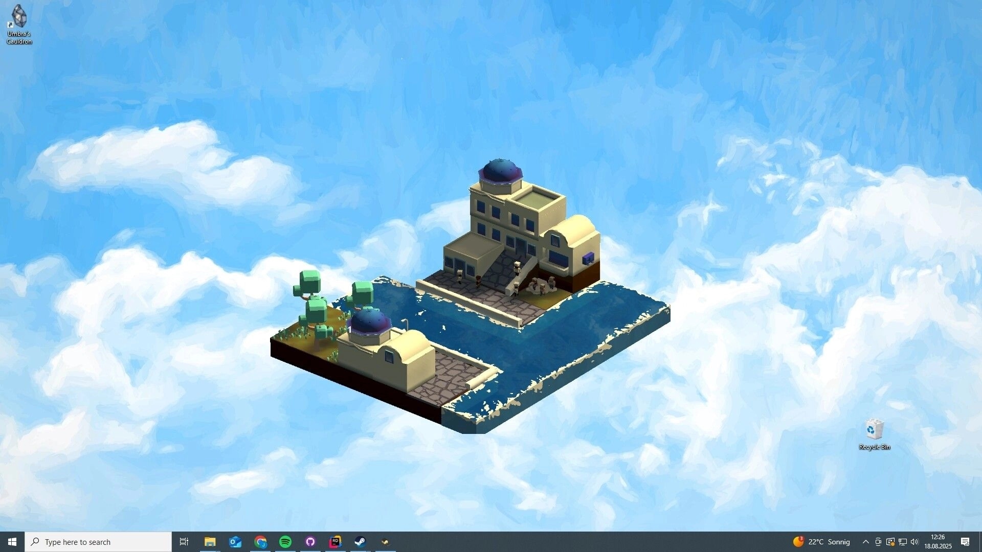 Desktop Town: Floating island town with buildings and trees against a sky background on desktop screen