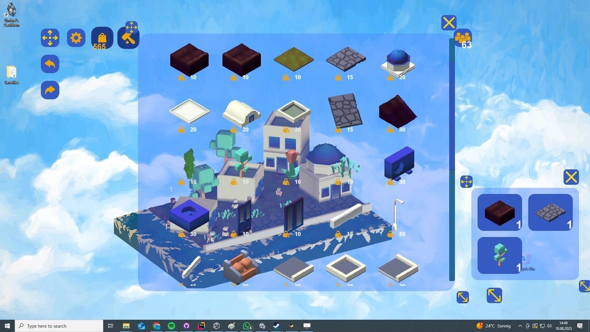 Desktop Town: Building menu with various construction materials over a floating island town setting