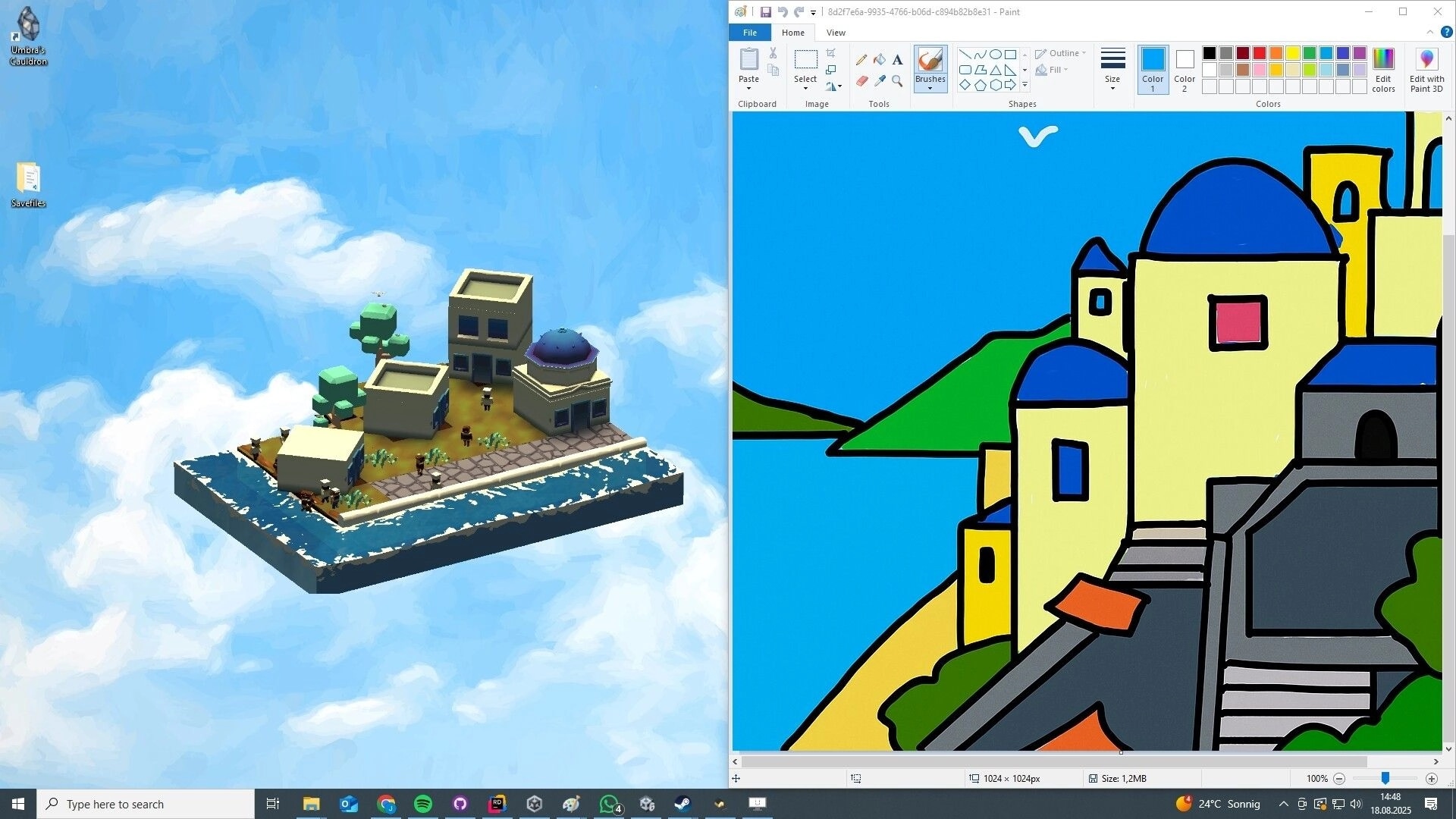 Desktop Town: Small island town with buildings and trees floating on a desktop background with open apps