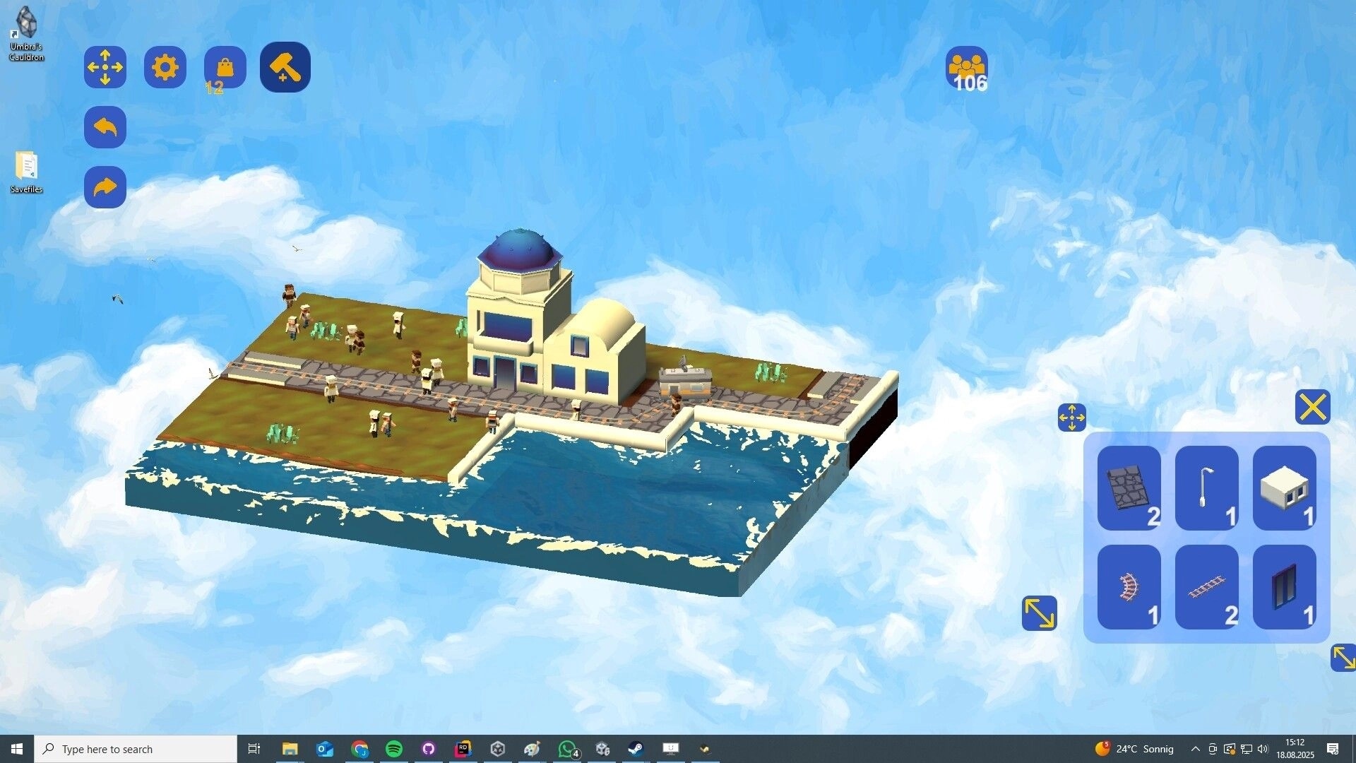 Desktop Town: Citizens stroll near a seaside building with UI showing construction tools and resources.