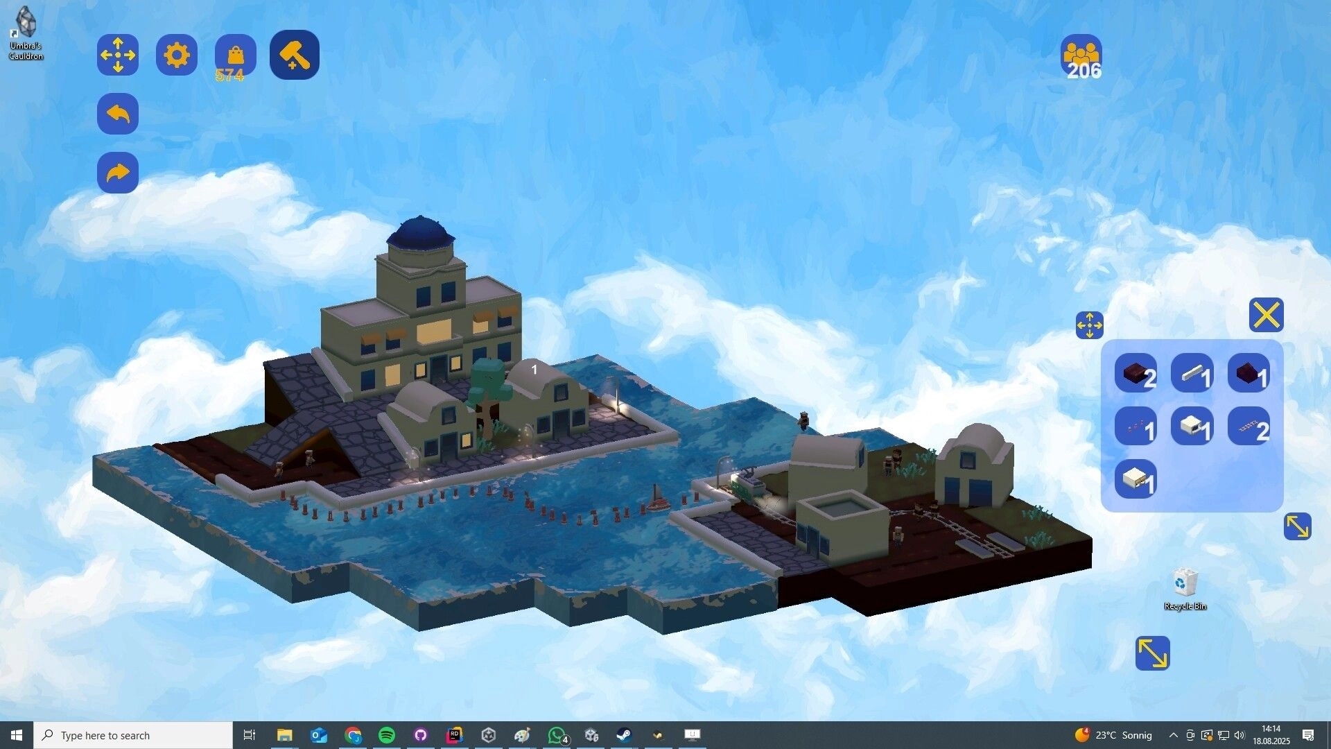 Desktop Town: Isometric view of a tiny coastal town with UI icons and resource inventory displayed
