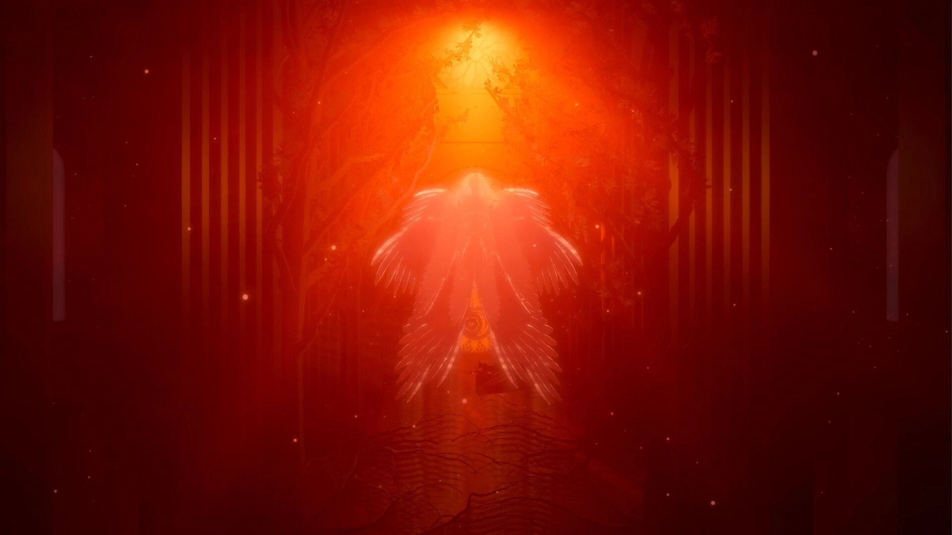 DESOLUS: Glowing figure with wings in a fiery red, ethereal environment with abstract tree forms