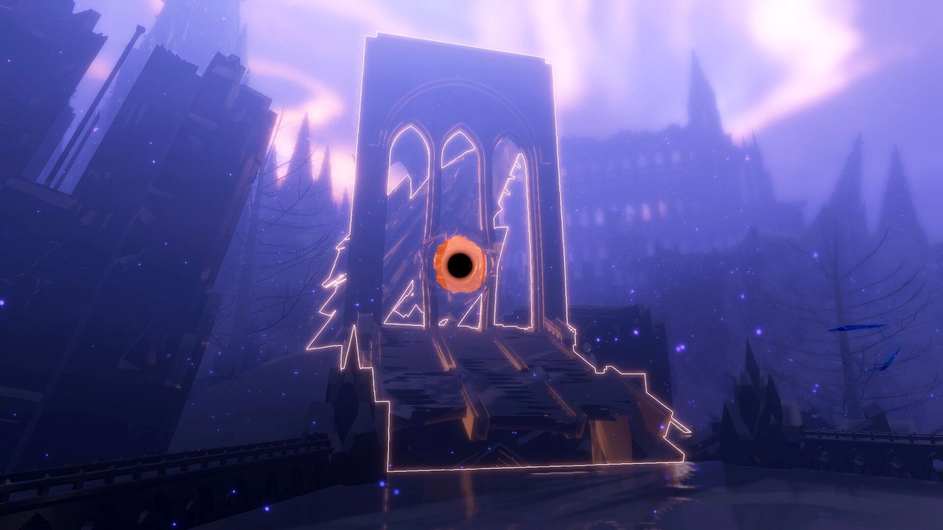 DESOLUS: Glowing archway with a central black hole in a misty Gothic cityscape