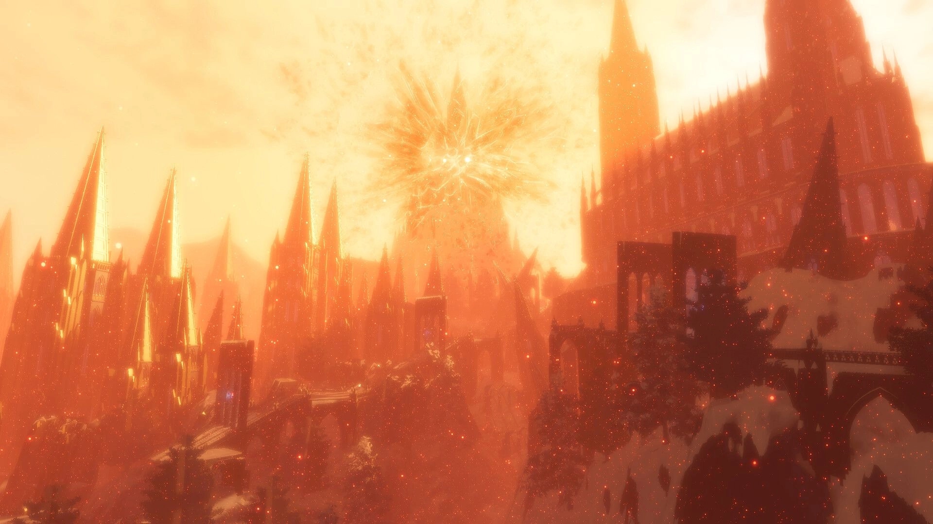 DESOLUS: Gothic cityscape with towering spires under a dramatic, fiery sky in a time-torn environment.