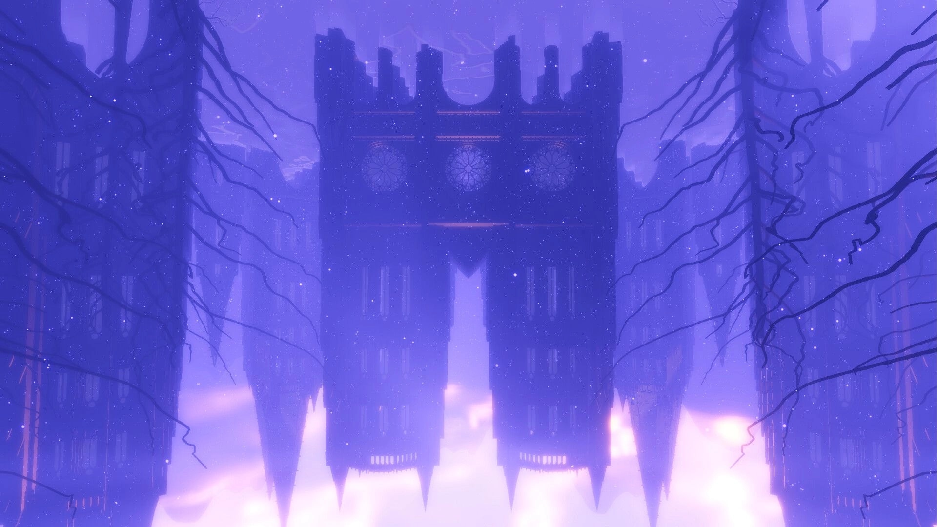 DESOLUS: Gothic cathedral floating amidst swirling purple mist with dark branches reaching across.