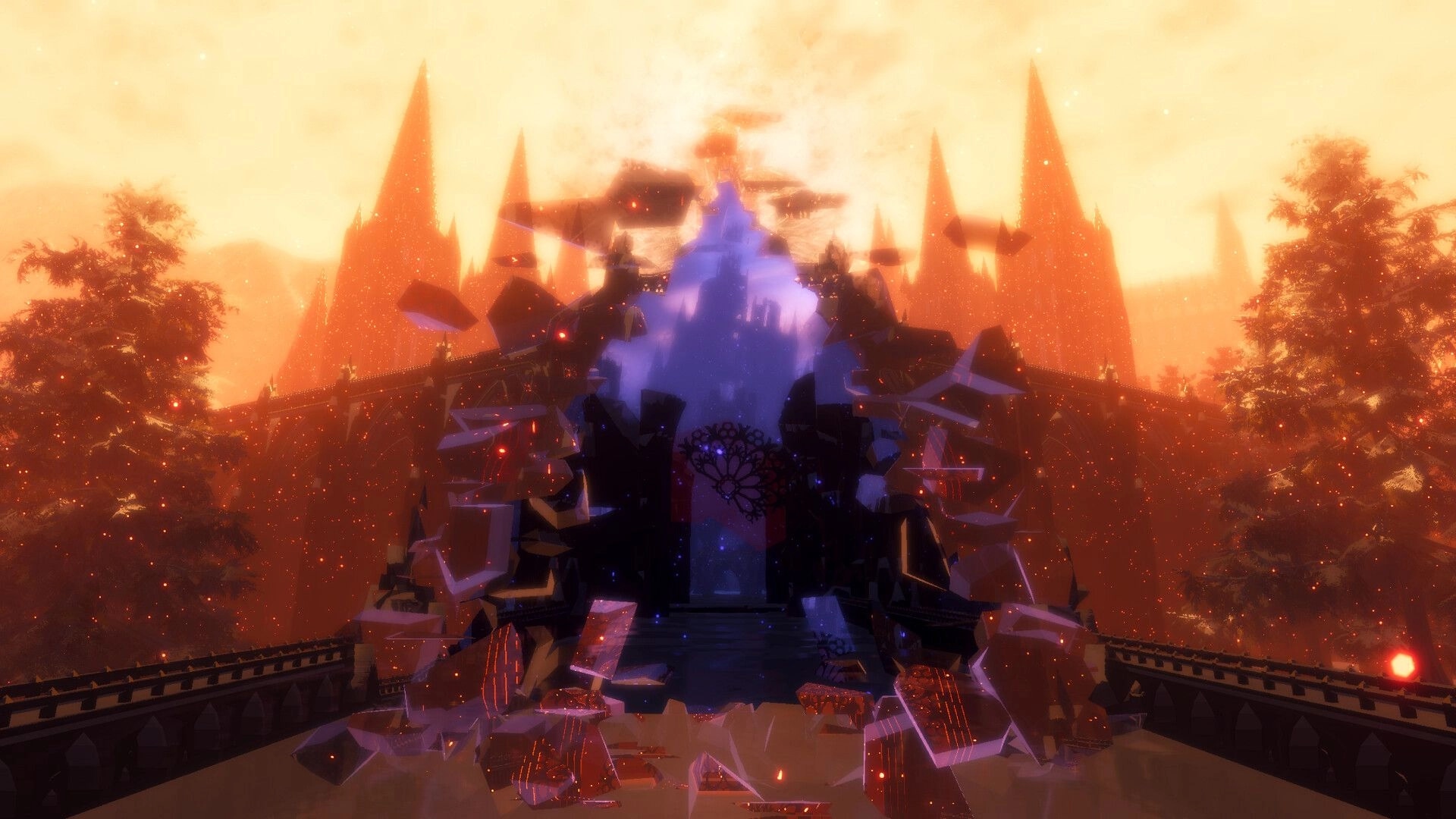 DESOLUS: Gothic cityscape with shattered architecture framing a glowing portal under a fiery sky.