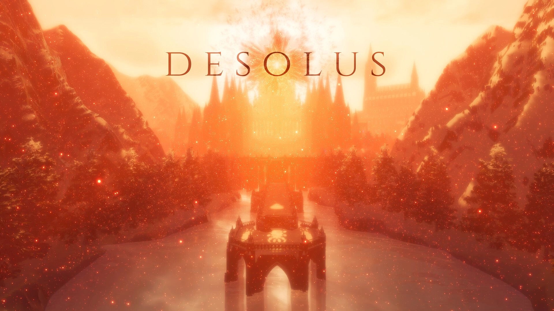 DESOLUS: Gothic castle with glowing light above, nestled between snowy mountains and dense forest.