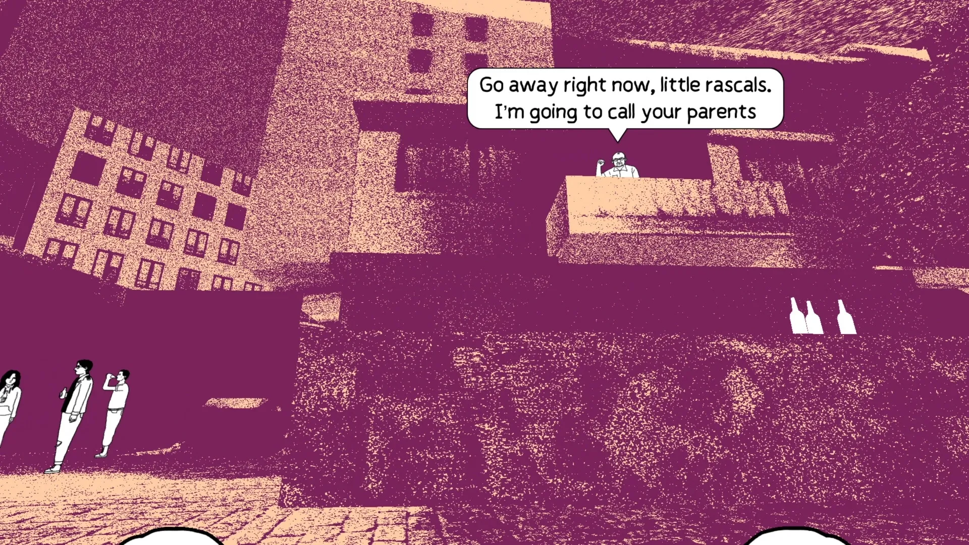 despelote: Characters walk near apartment buildings as a character on a balcony shouts at them