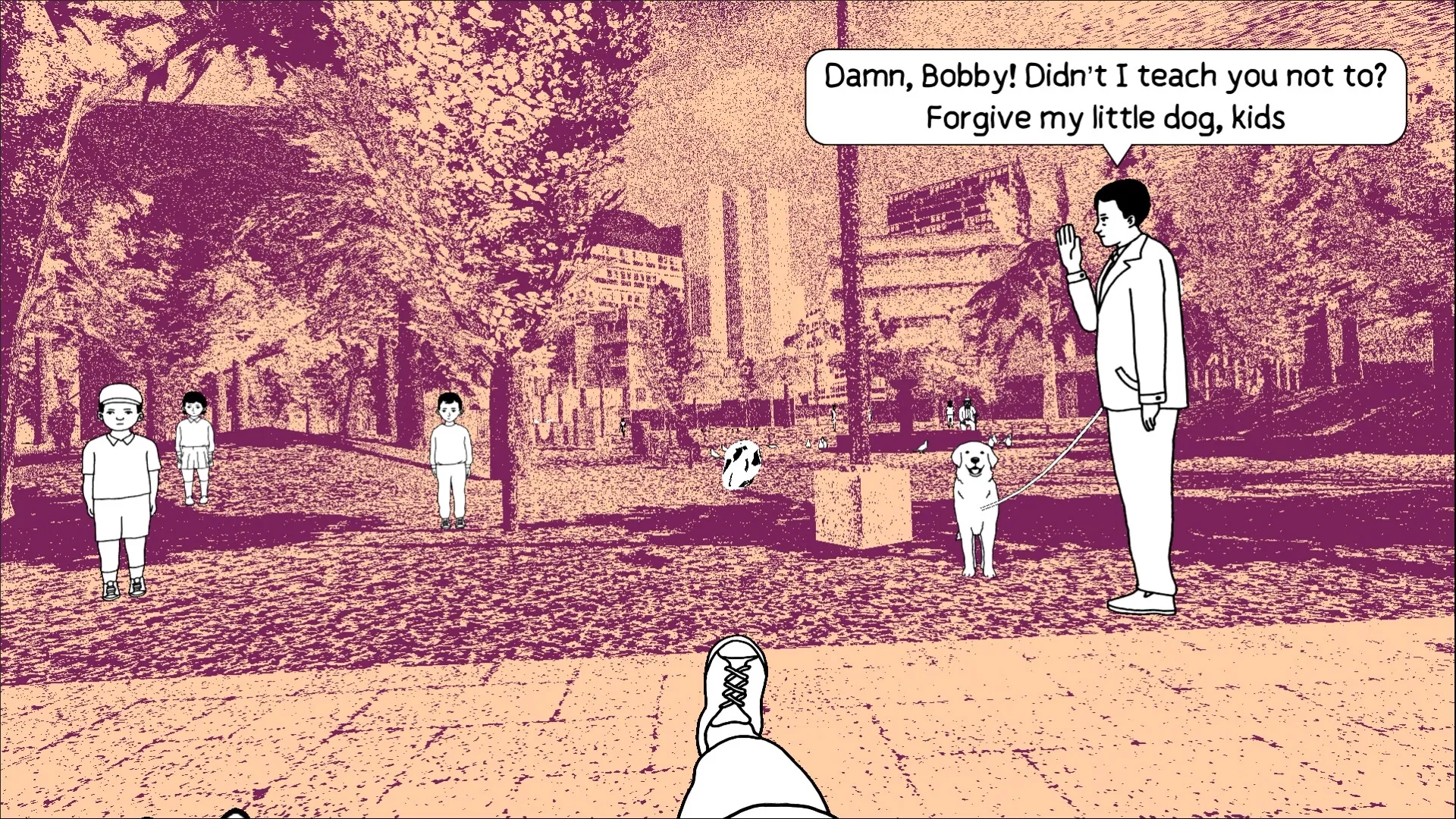 despelote: Child kicking soccer ball in park, man with dog apologizing for its mischief nearby