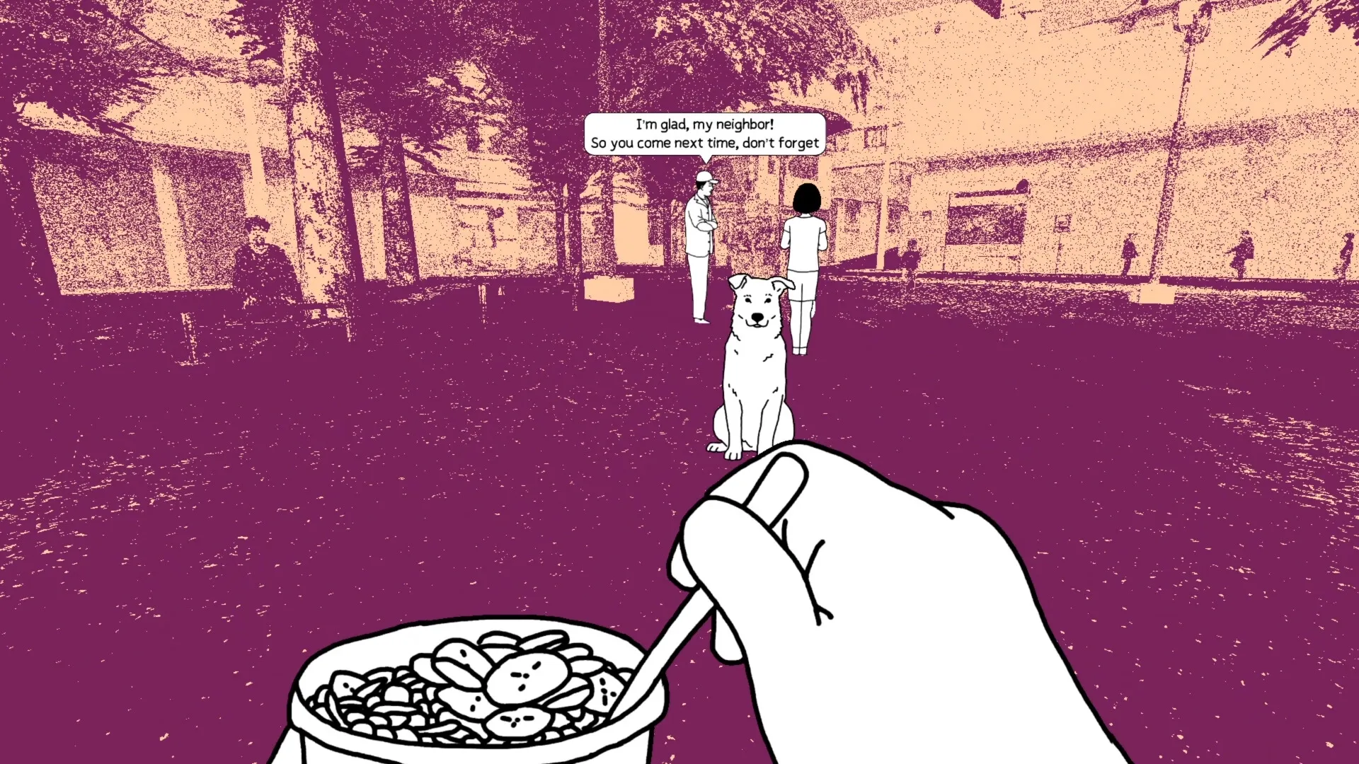 despelote: Player holds a bowl of soup while a dog and two people converse in a park setting