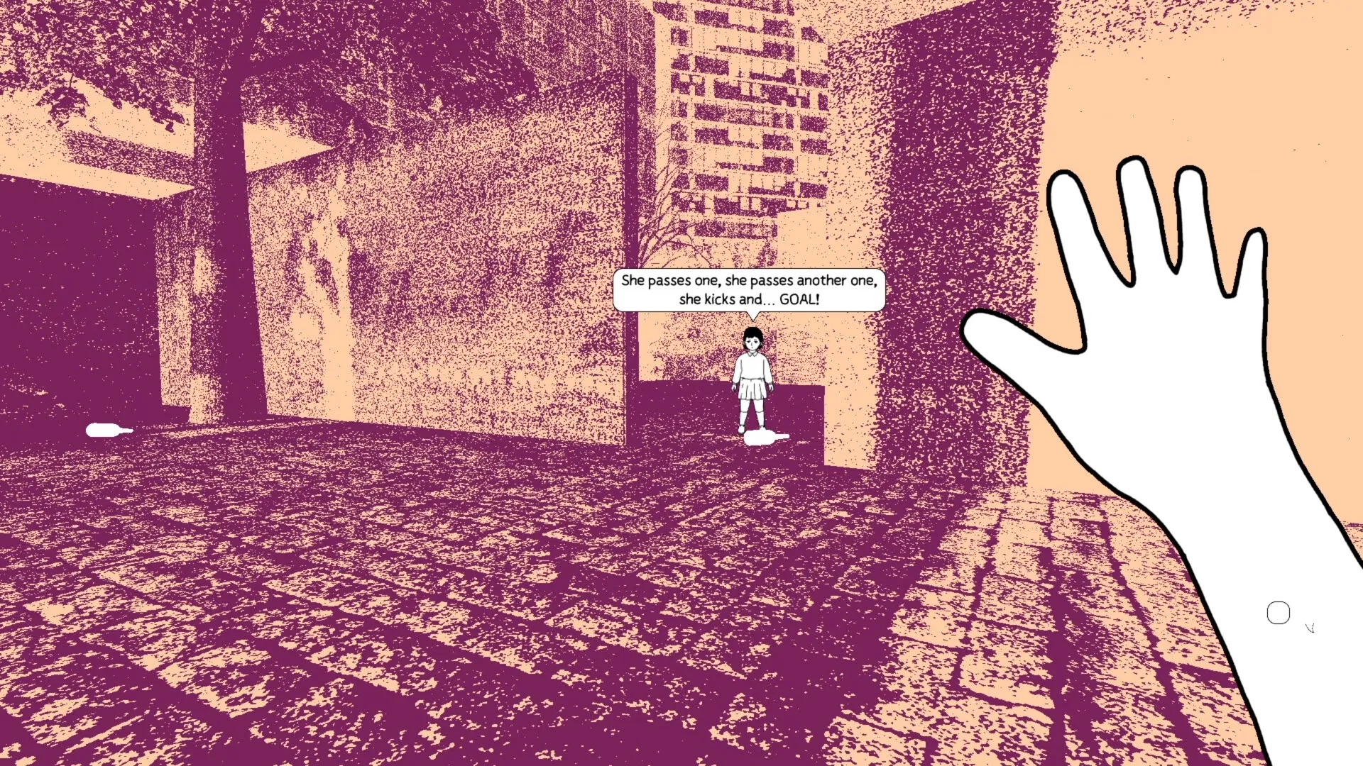 despelote: Child narrates soccer play by a brick wall, with a hand in the foreground in a stylized scene.