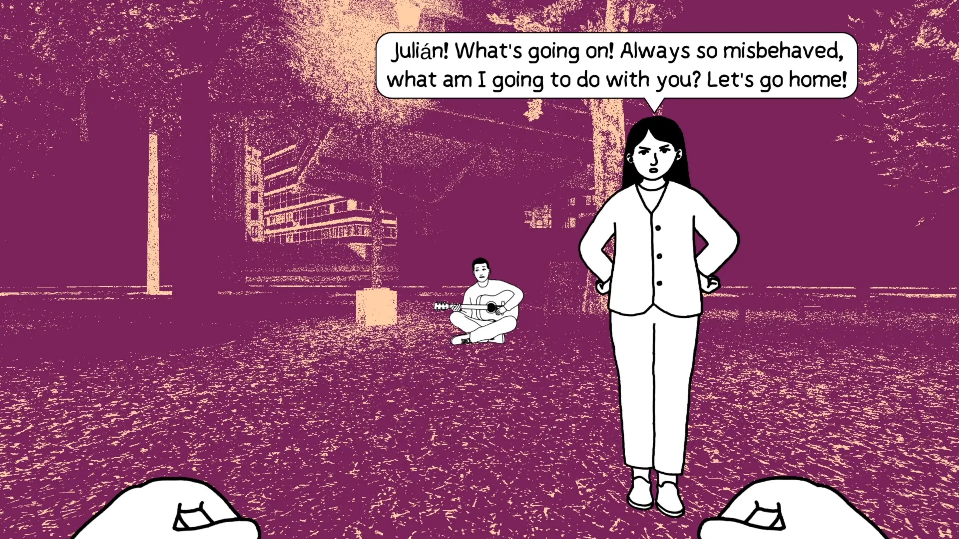 despelote: Character scolding Julian in park while another plays guitar, set in stylized purple scene