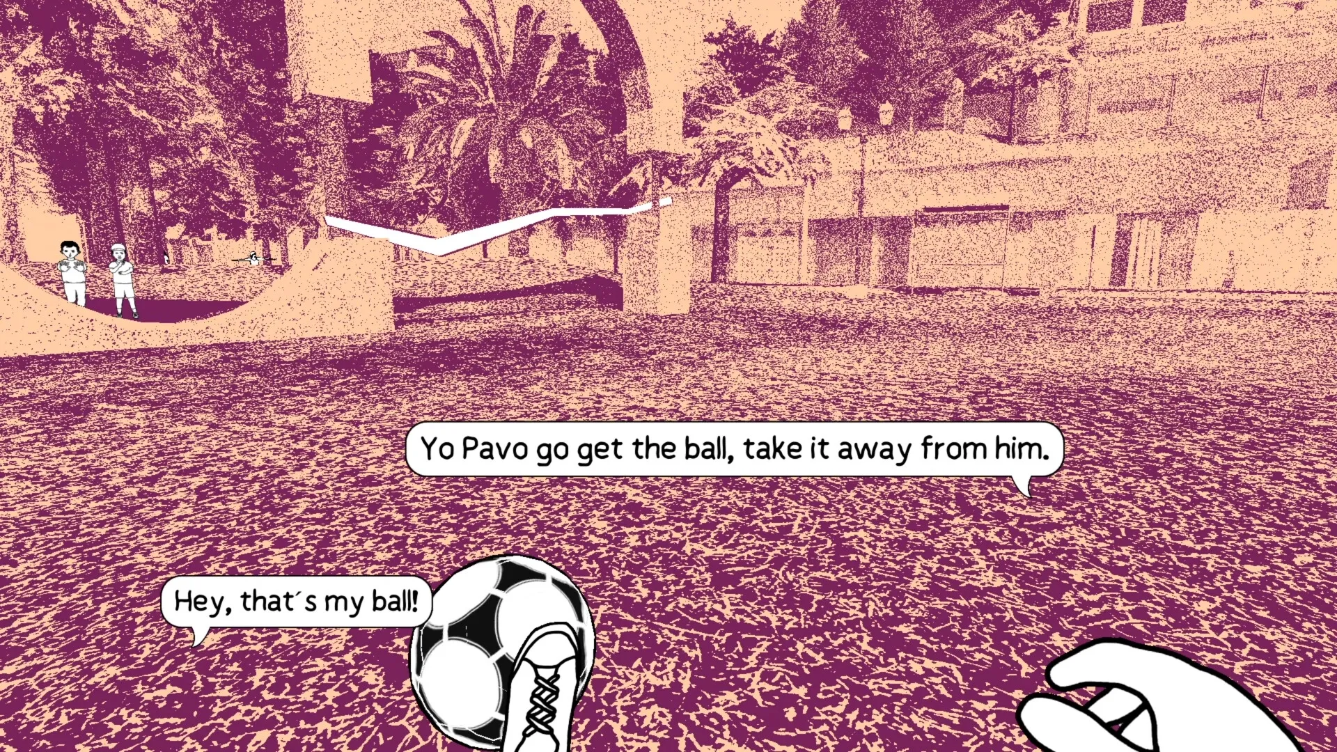 despelote: Player dribbles soccer ball in park with dialogue bubbles, surrounded by trees and buildings