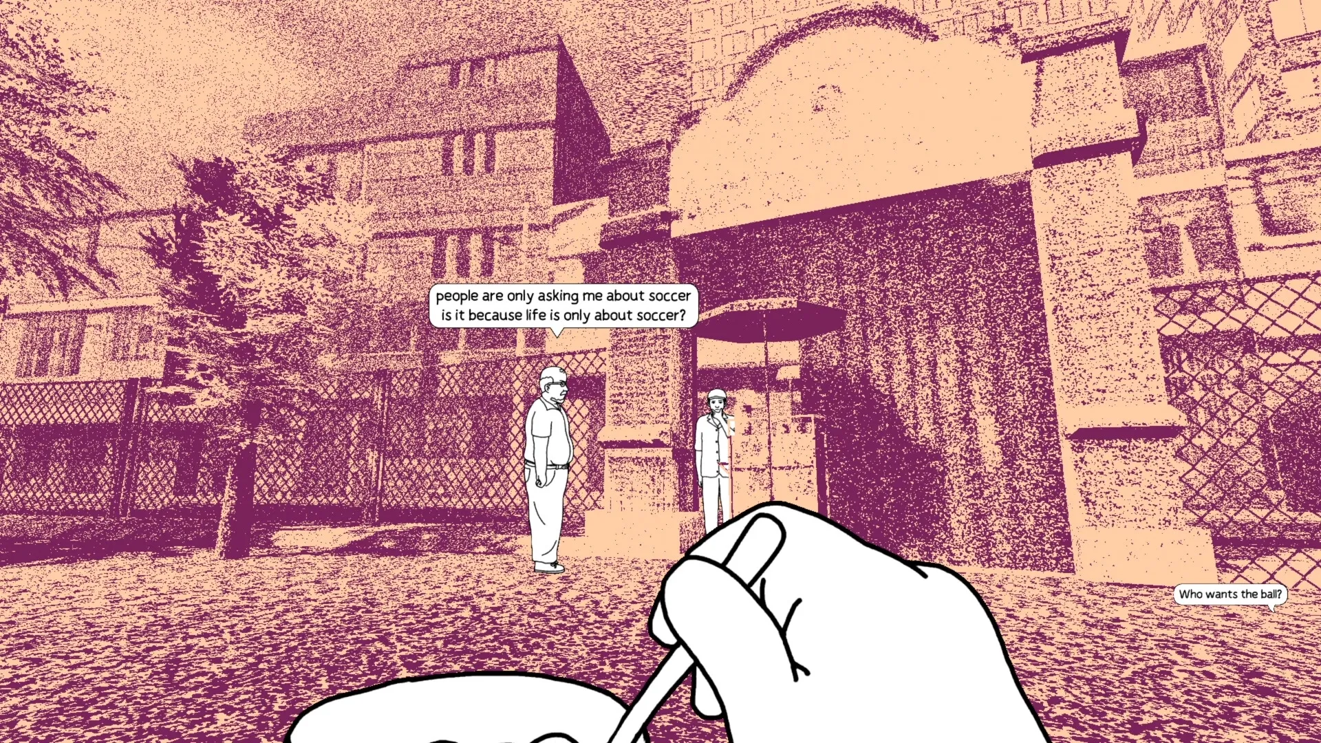 despelote: Two characters discuss soccer in a city street, with a hand holding a spoon in the foreground.