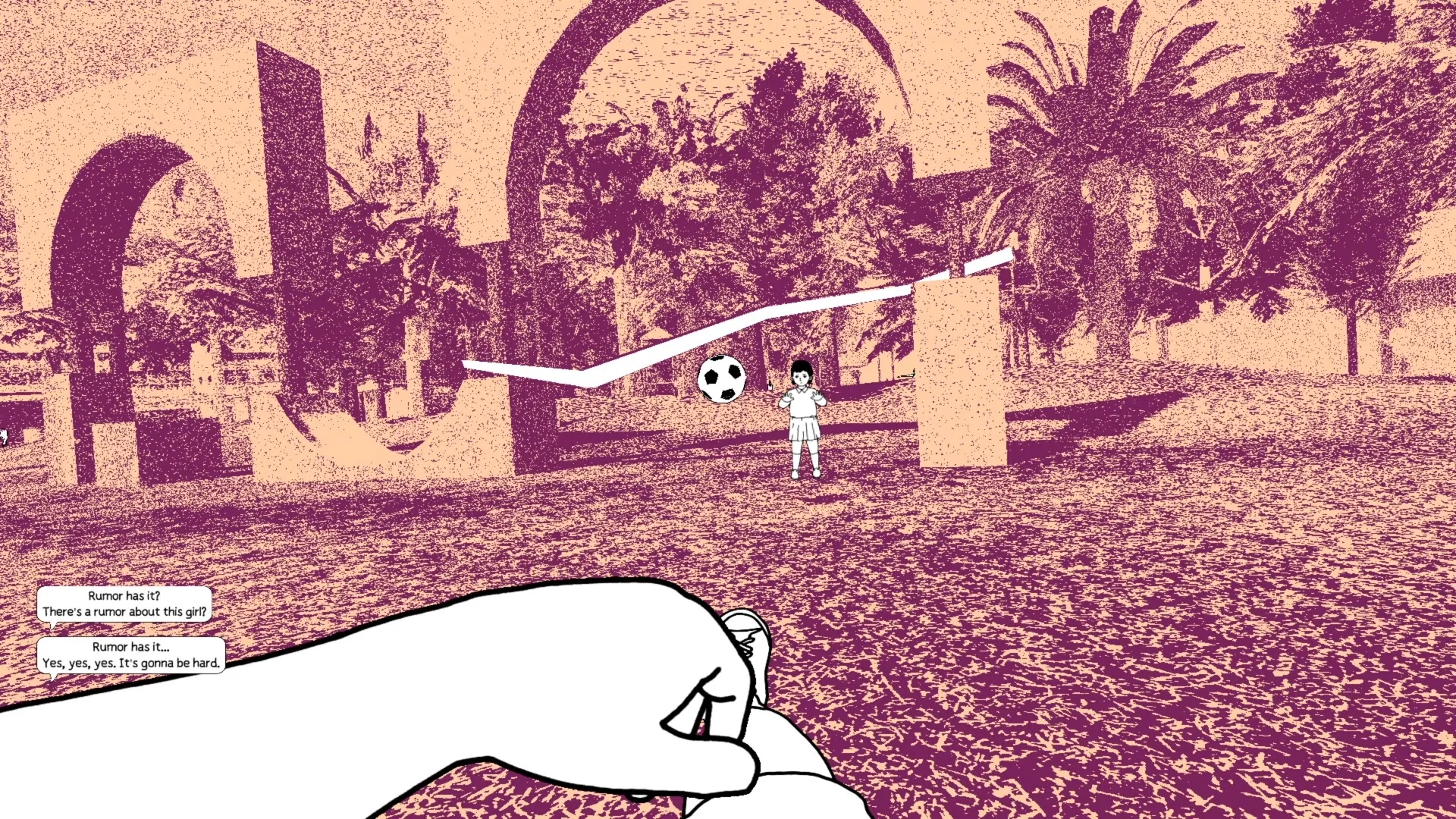 despelote: Child plays soccer near arches and trees while player observes from a seated position in Quito.