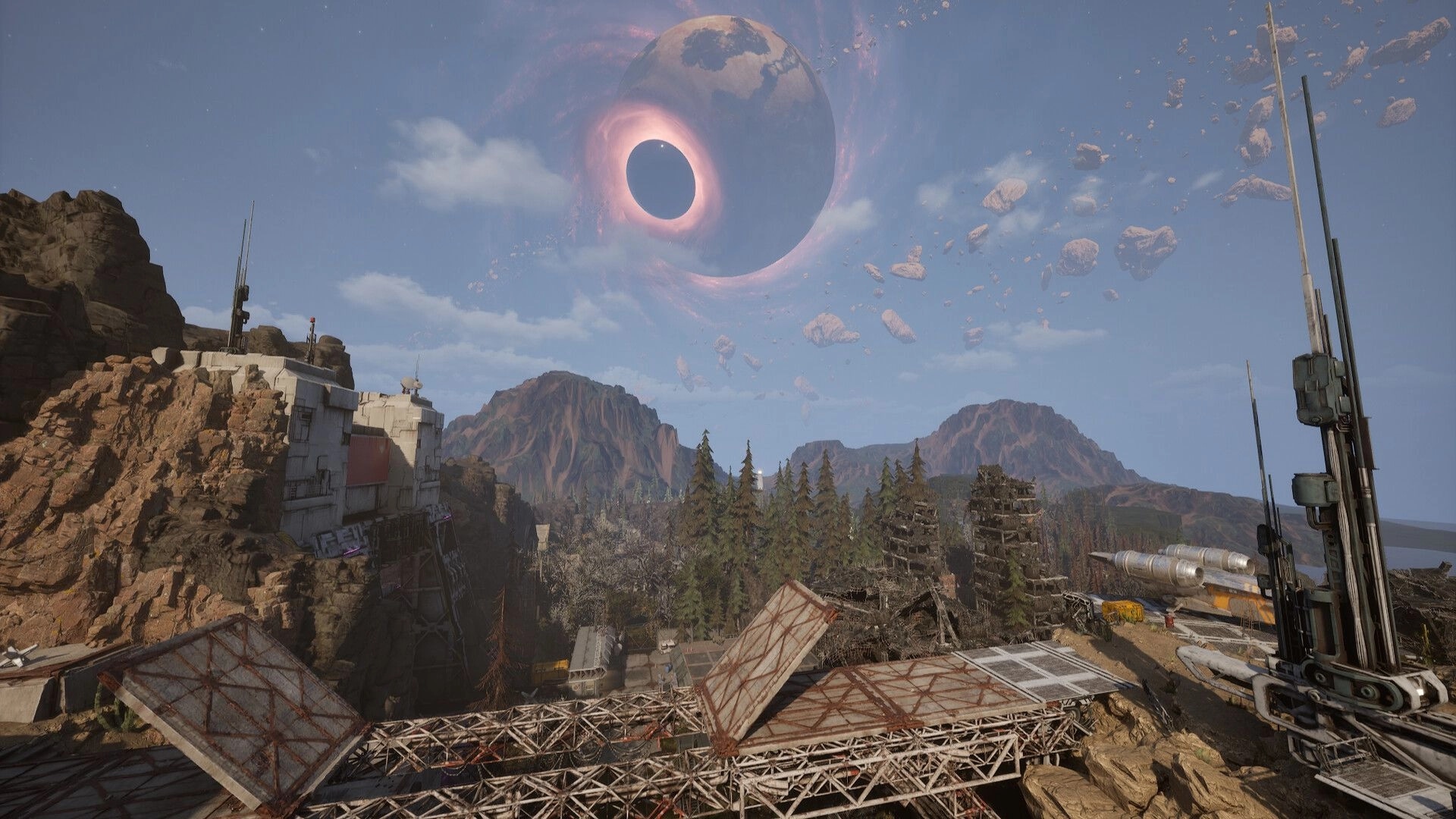 Desserted: Vast mountainous landscape with a mysterious planet and debris-filled sky in the background