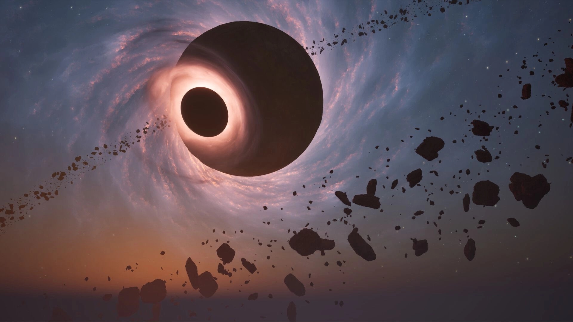 Desserted: A massive black hole surrounded by swirling debris in a colorful cosmic environment
