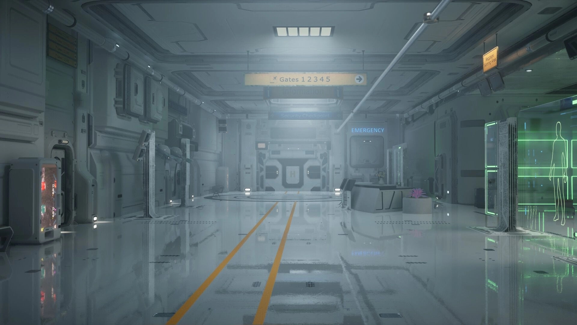 Desserted: Futuristic corridor with emergency sign, glowing vending machine, and holographic display