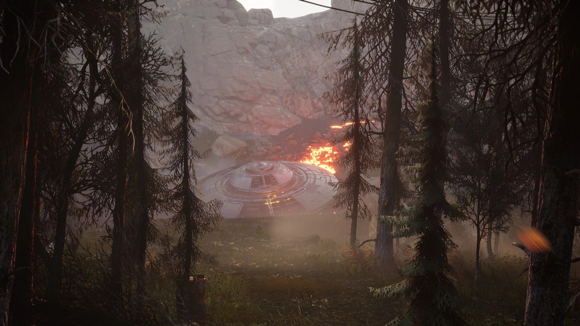 Desserted: Crashed spaceship amidst dense forest with glowing lava nearby in mysterious landscape