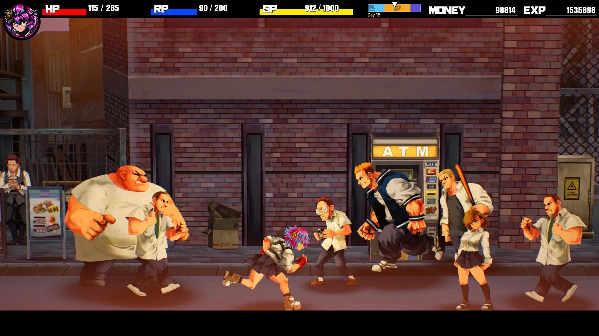 Detained: Schoolgirl brawler faces thugs by an ATM on a brick street, HP/RP/SP bars visible.