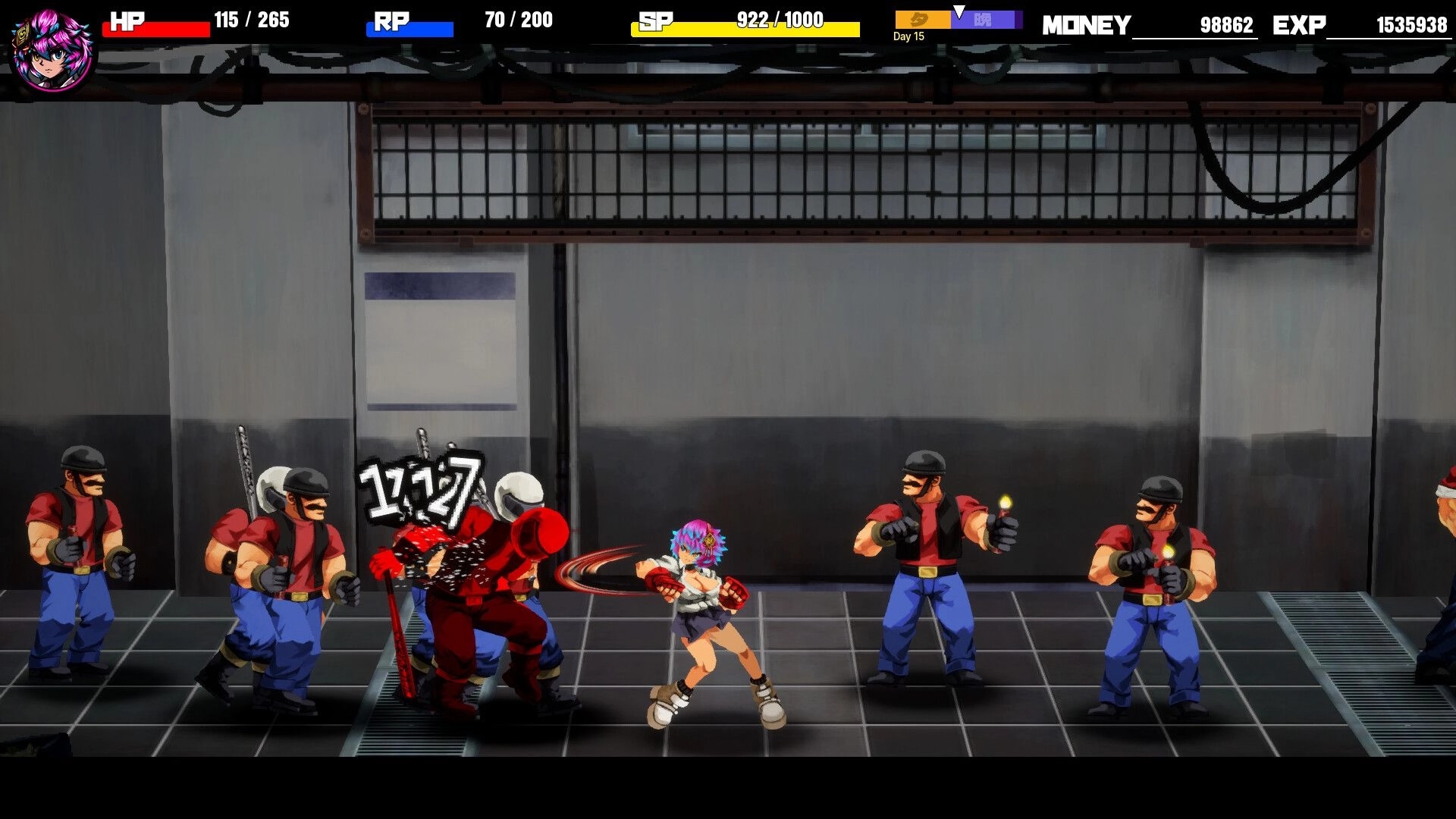 Detained: Schoolgirl brawler fights masked thugs in an industrial hallway with HP/RP/SP HUD on top.
