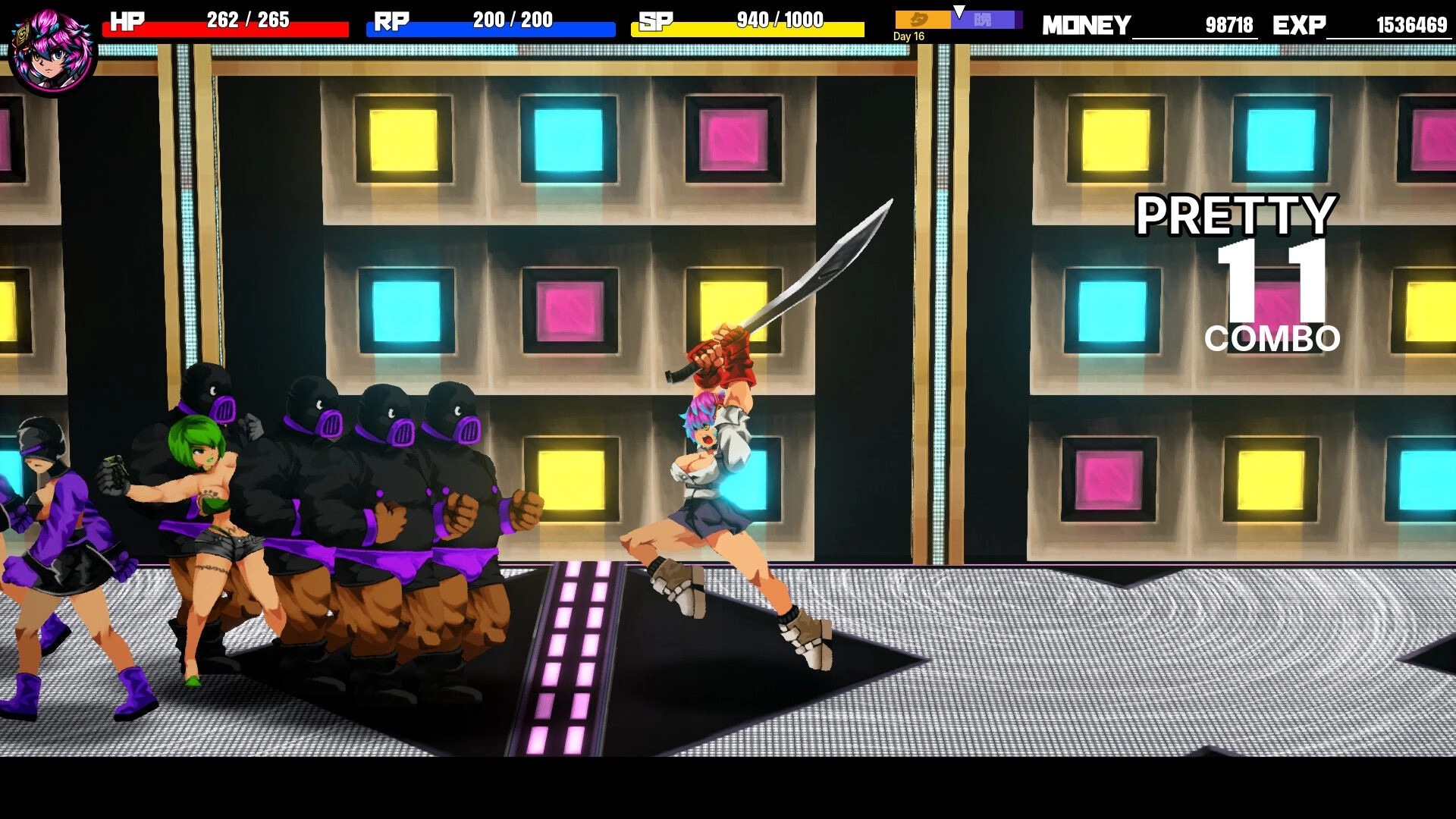 Detained: Schoolgirl swings a sword at masked thugs in neon club arena, HUD shows Pretty 11 combo.