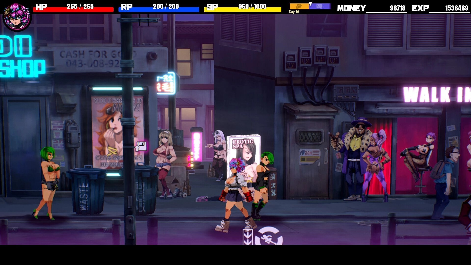 Detained: Schoolgirl character walking past neon shops and NPCs on a nighttime city street HUD visible.