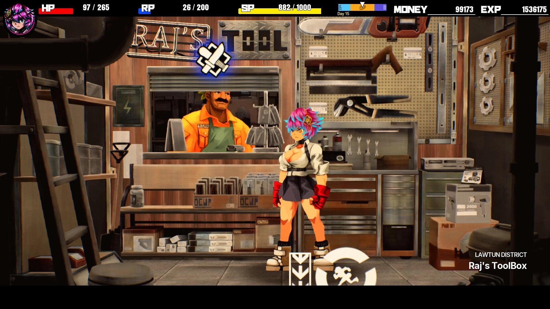 Detained: Pink-haired girl stands by shop counter in Raj's ToolBox workshop with HP/RP/SP UI bars.