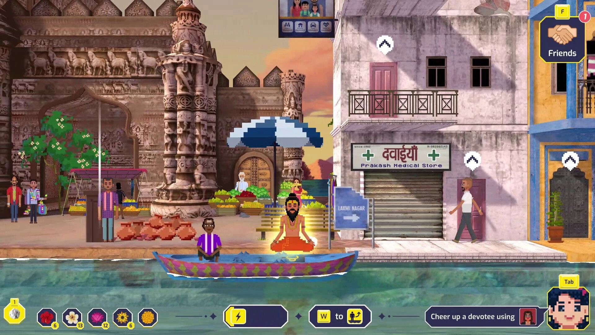 Detective Dotson: Engaging with a sage on a boat in front of ornate temple in bustling market street
