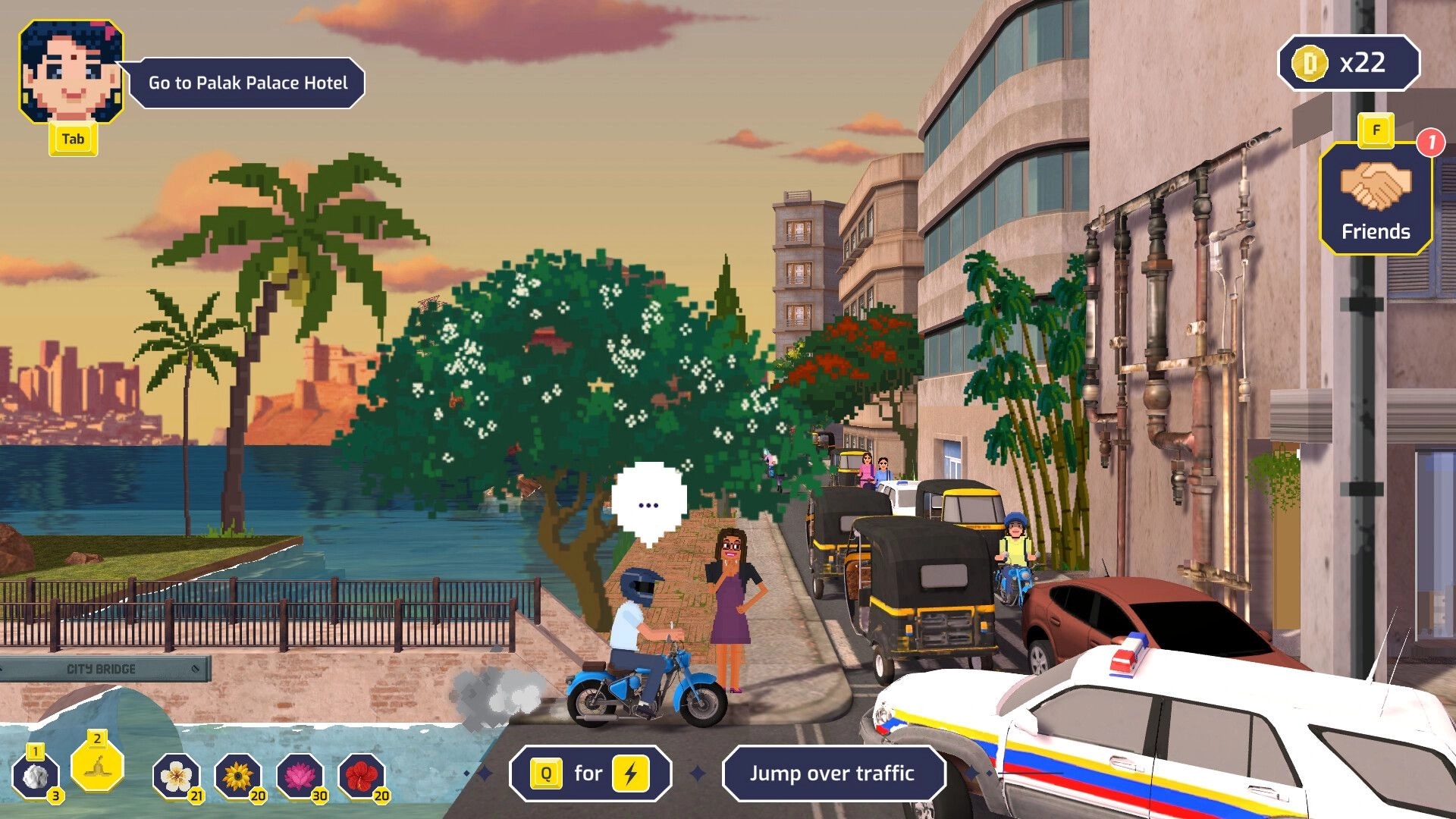 Detective Dotson: Rides scooter past traffic in a bustling Indian street with palm trees and buildings