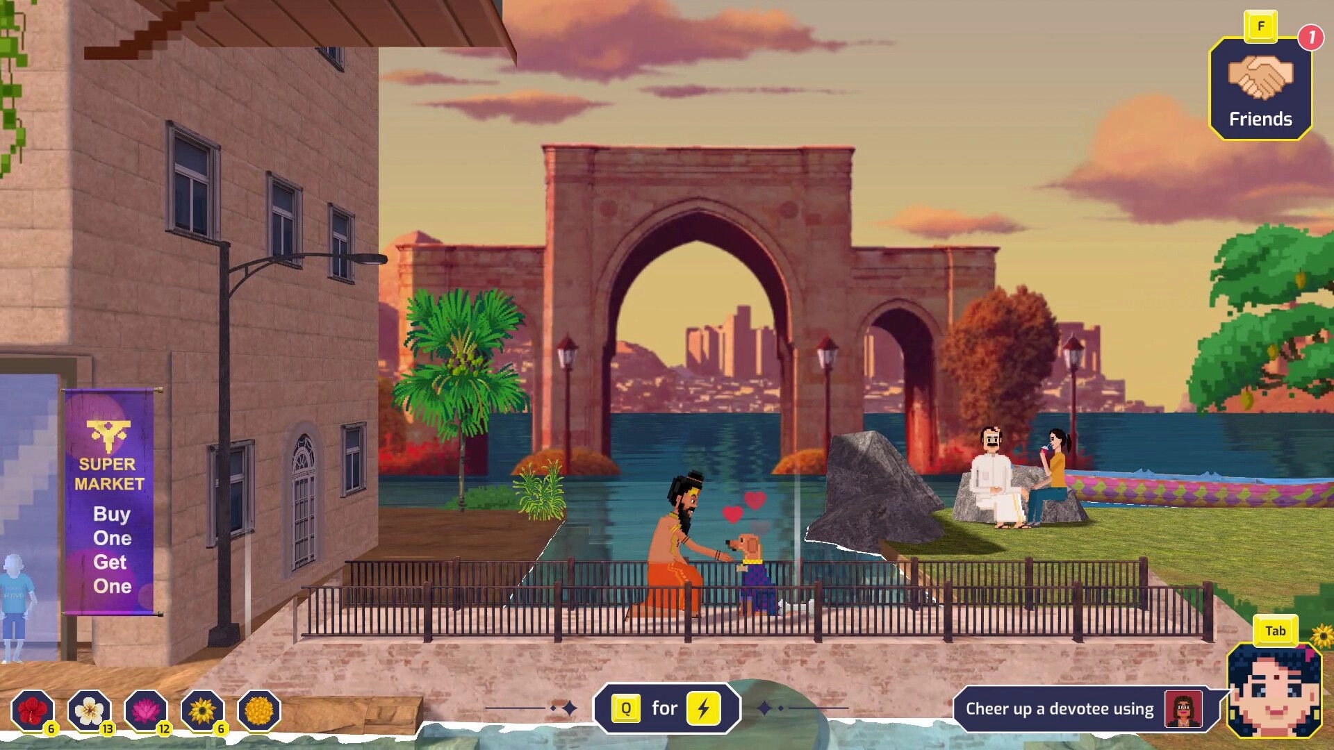 Detective Dotson: Interact with a devotee by the river in a bustling Indian marketplace setting.