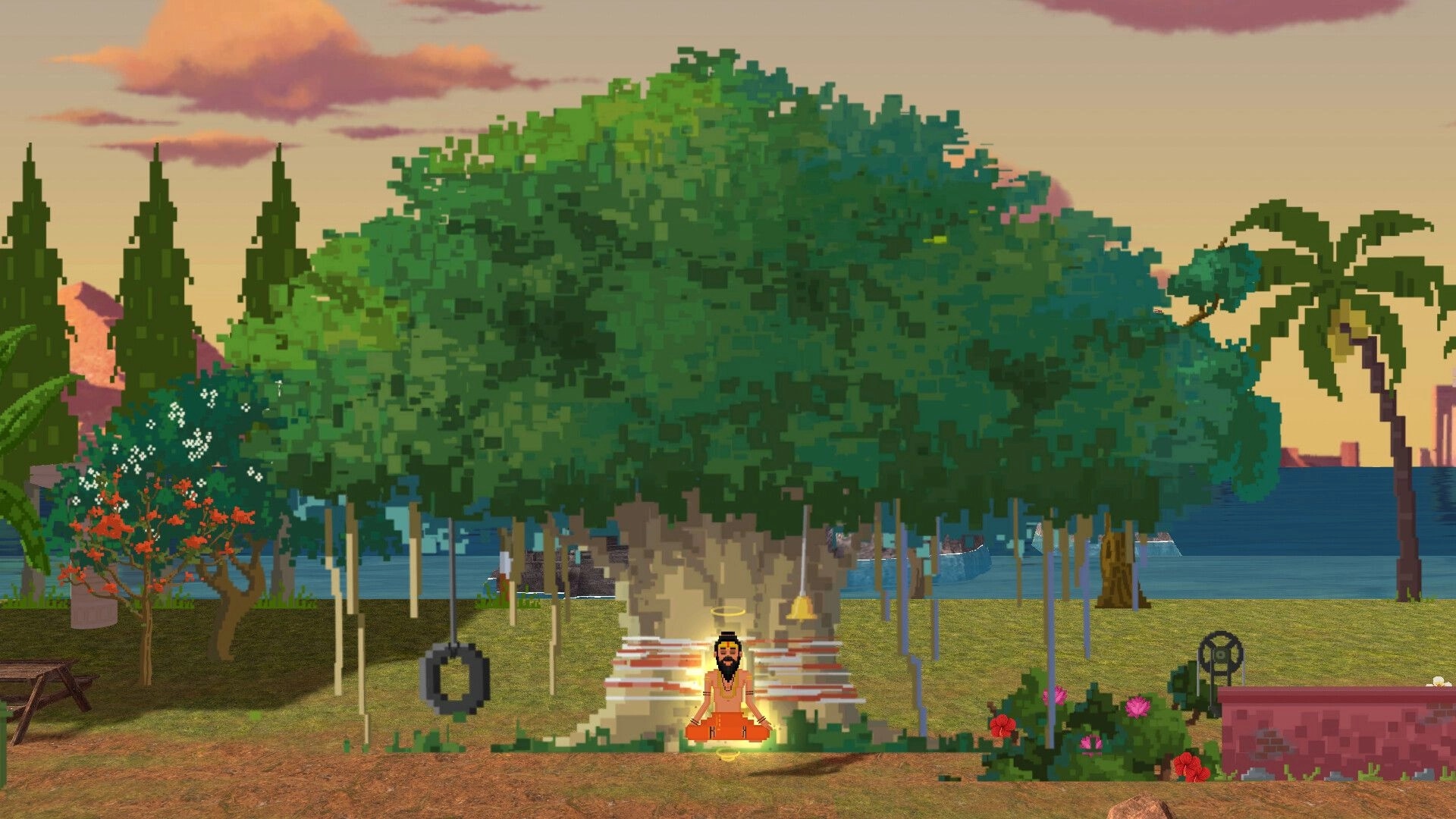 Detective Dotson: Meditating under a large tree by the river in a peaceful, pixelated Indian landscape.