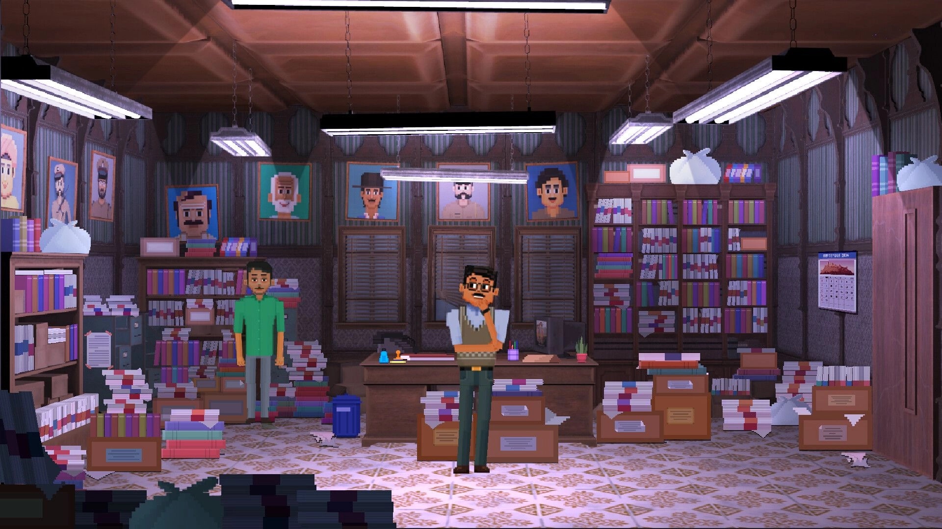 Detective Dotson: Dotson pondering in cluttered office with shelves of files and portraits on the walls