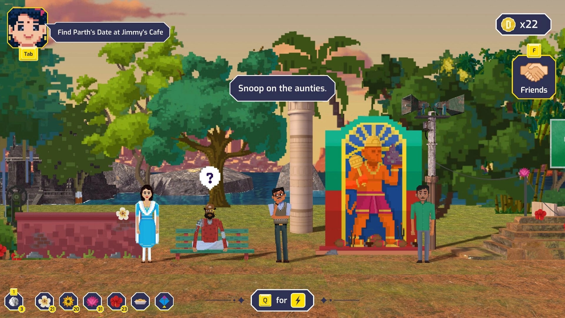 Detective Dotson: Investigating in a vibrant park with characters, a statue, and quest prompts visible.