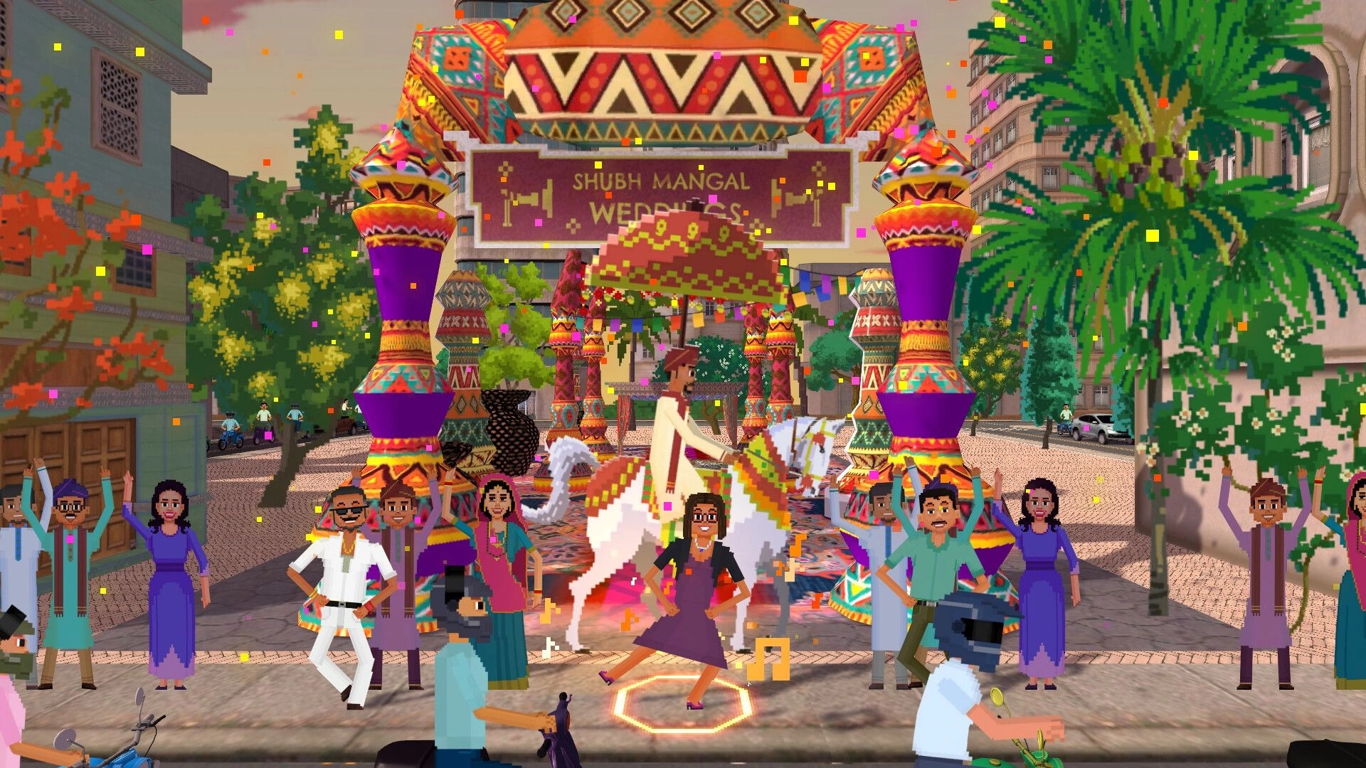 Detective Dotson: Celebrating a vibrant wedding procession on colorful Indian street with dancing crowd