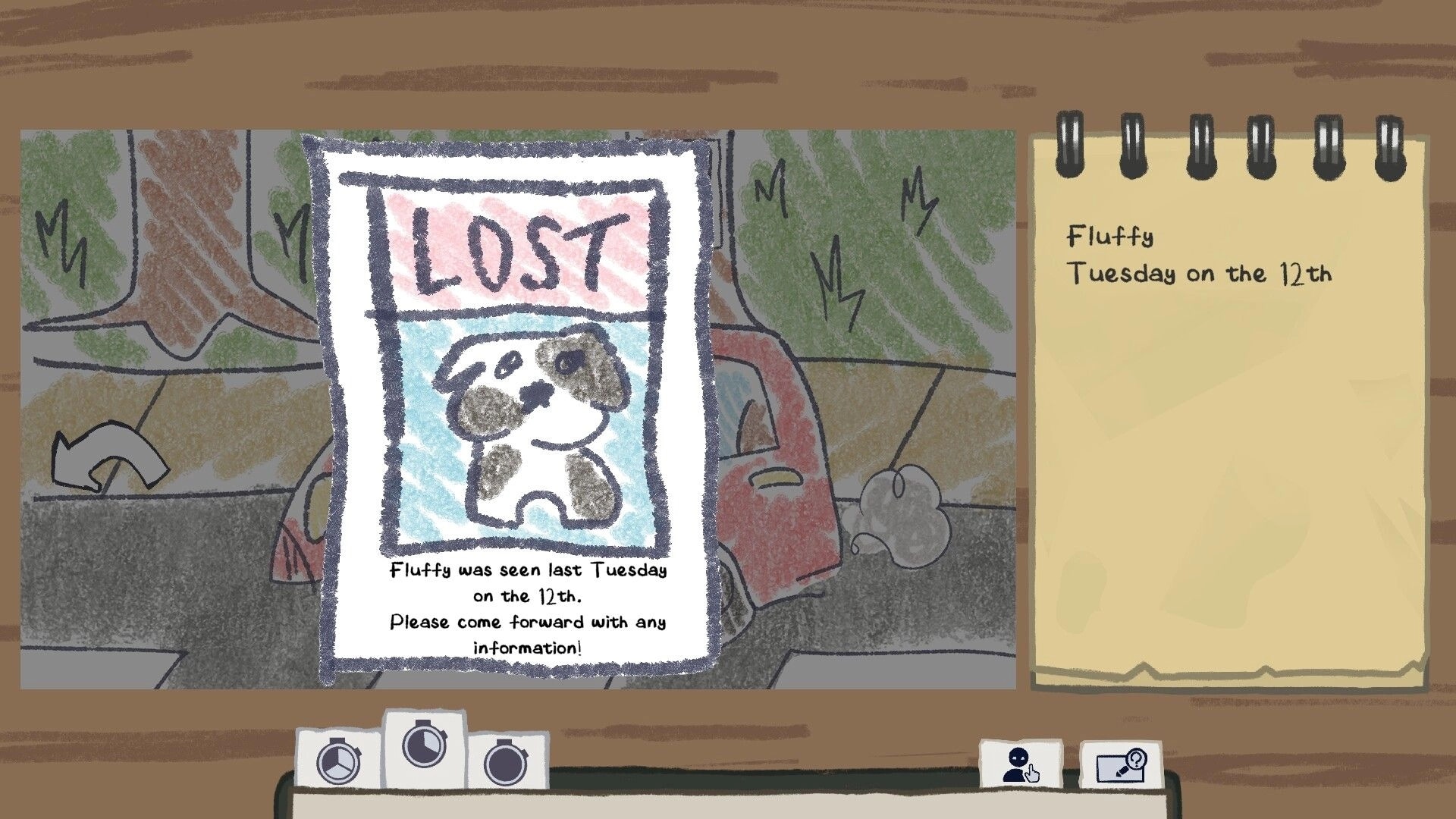 Detective Hindsight: Crayon-drawn lost dog poster and notebook clues in a wooded, roadside setting