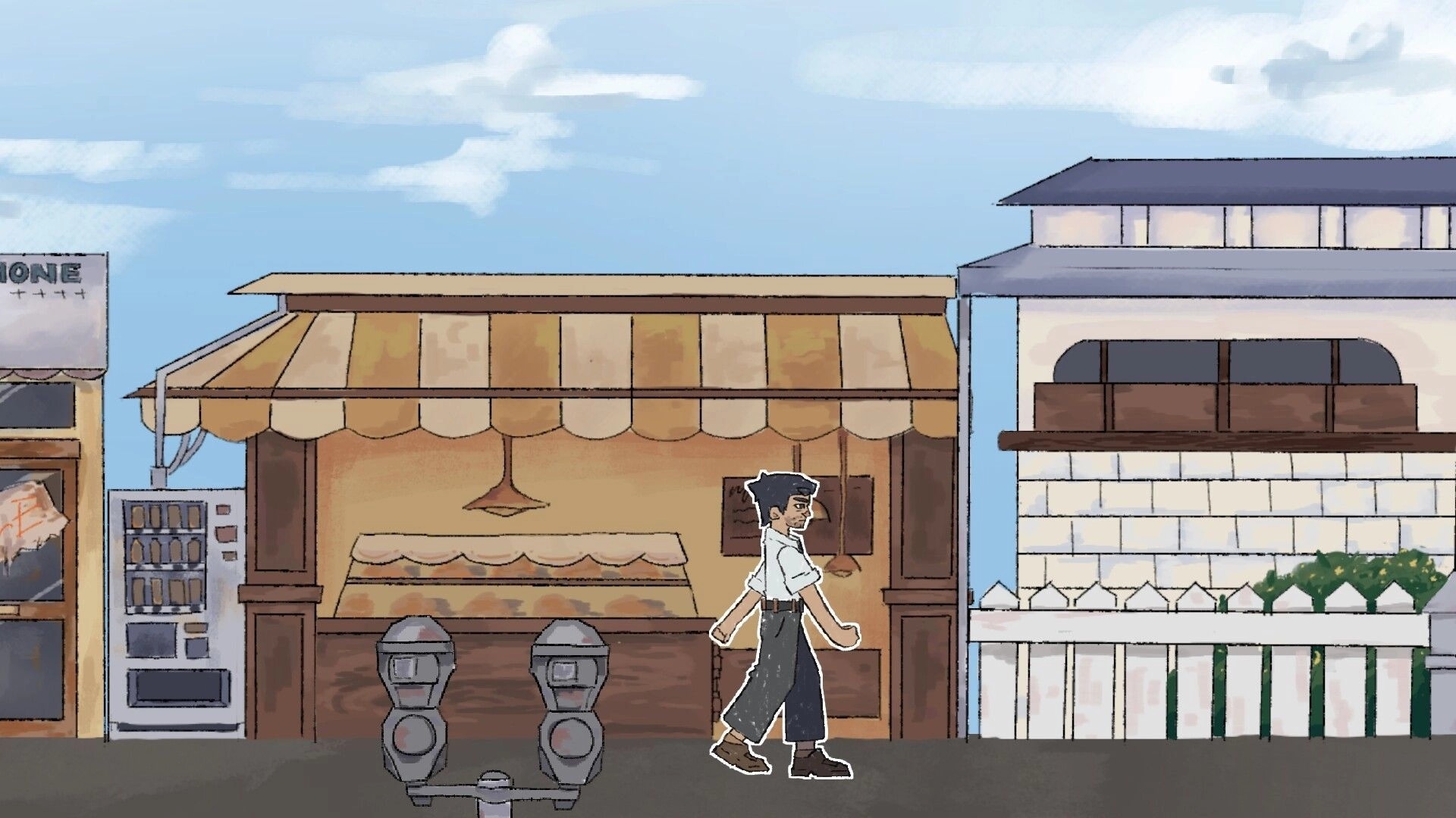 Detective Hindsight: Detective walking past a bakery and vending machine on a sunny street scene